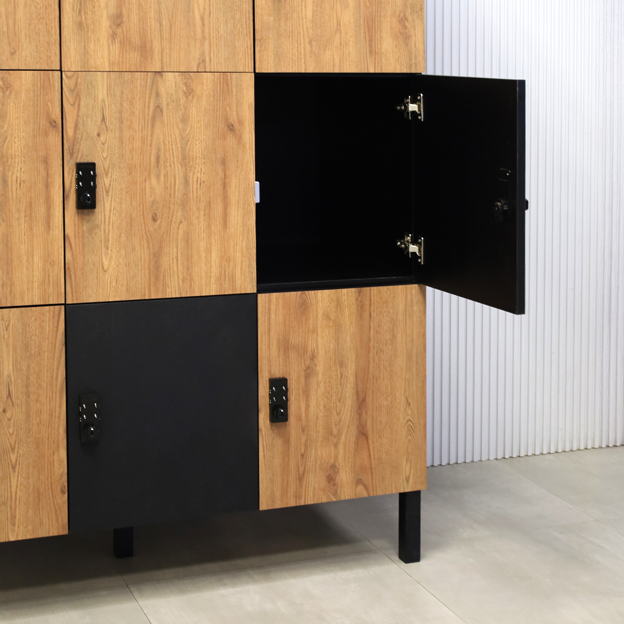 Portland Locker - Model 1A - 48"inch with Spiced Chestnut and Black Cinder Matte Laminate door finishes. Black Cinder Matte laminate body finish. Black liner inside finish and Black Matte hardware.
