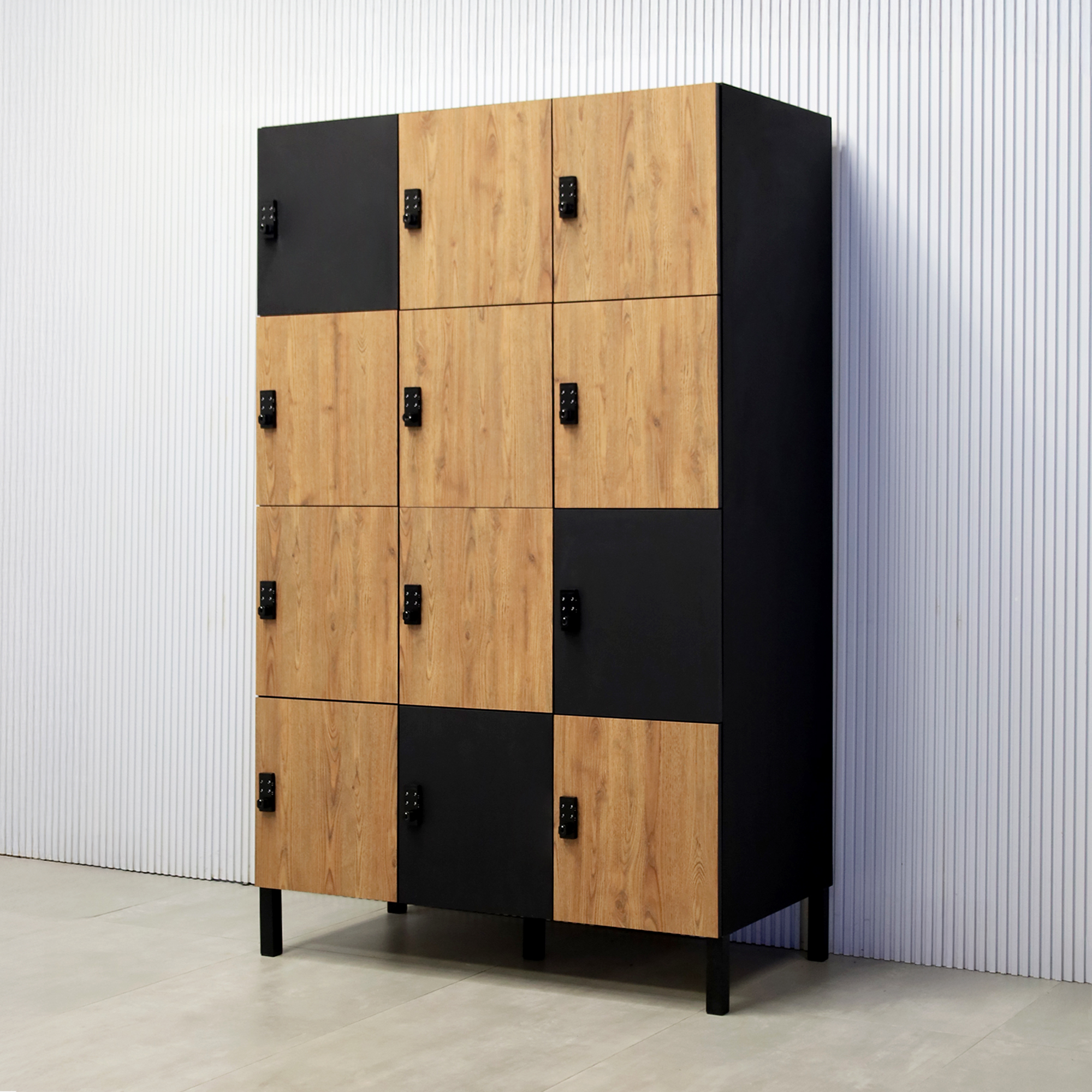 Portland Locker - Model 1A - 48"inch with Spiced Chestnut and Black Cinder Matte Laminate door finishes. Black Cinder Matte laminate body finish. Black liner inside finish and Black Matte hardware.