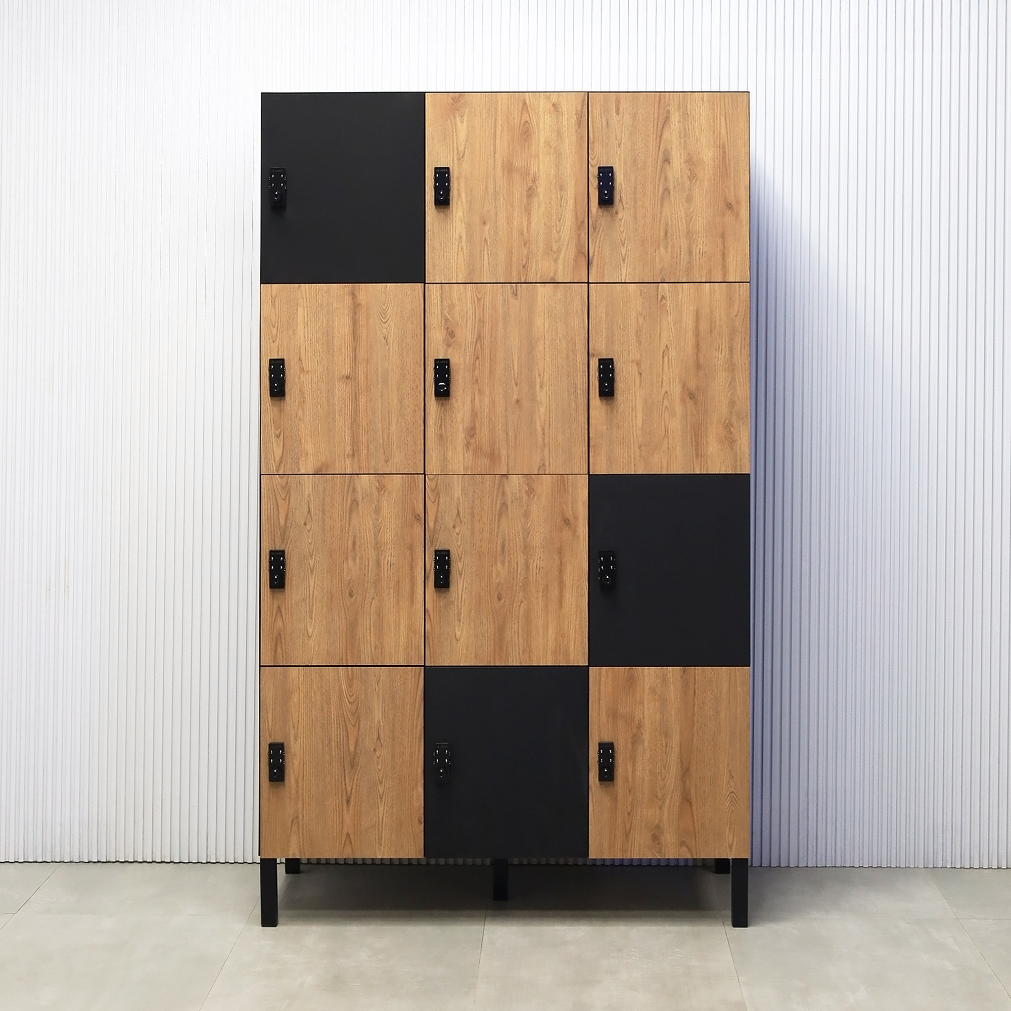 Portland Locker - Model 1A - 48"inch with Spiced Chestnut and Black Cinder Matte Laminate door finishes. Black Cinder Matte laminate body finish. Black liner inside finish and Black Matte hardware.