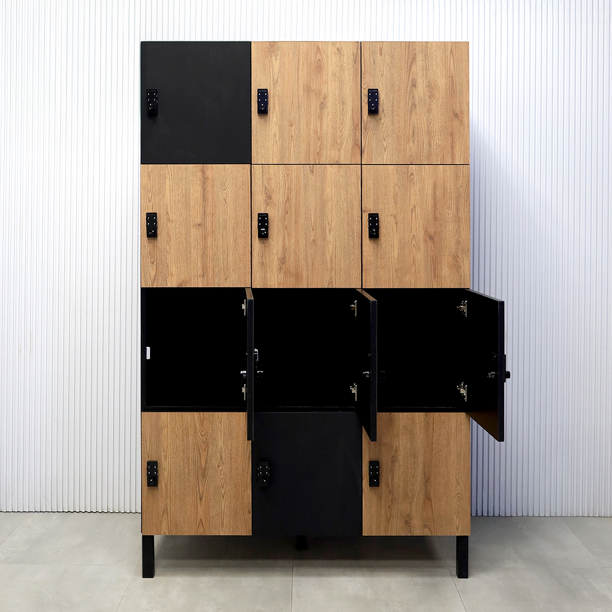 Portland Locker - Model 1A - 48"inch with Spiced Chestnut and Black Cinder Matte Laminate door finishes. Black Cinder Matte laminate body finish. Black liner inside finish and Black Matte hardware.