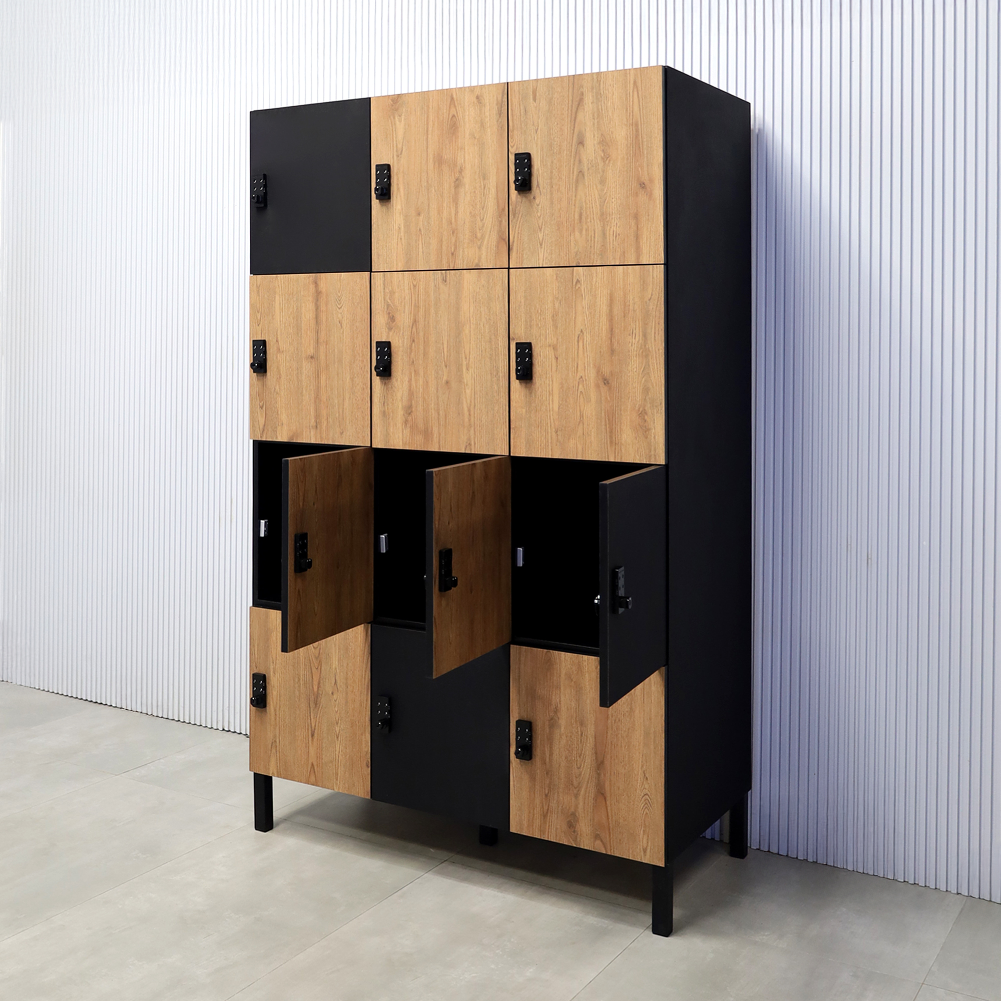 Portland Locker - Model 1A - 48"inch with Spiced Chestnut and Black Cinder Matte Laminate door finishes. Black Cinder Matte laminate body finish. Black liner inside finish and Black Matte hardware.