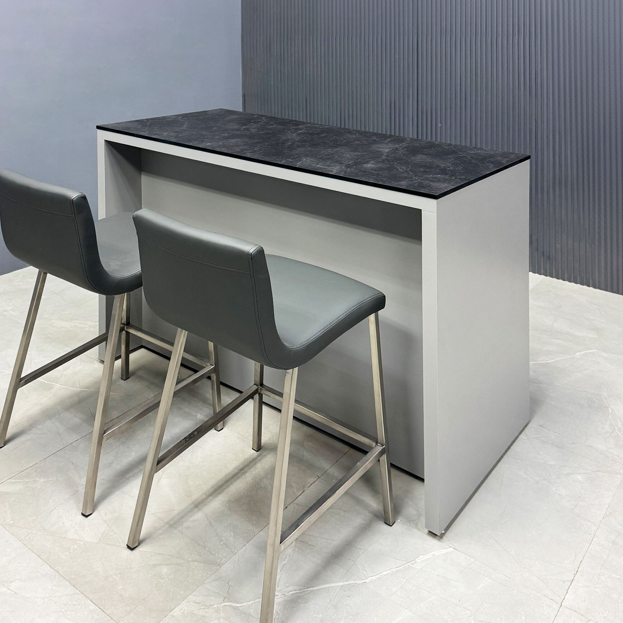 48-inch Custom Bar Island Table with black amani engineered surface top and fog gray matte laminate island.