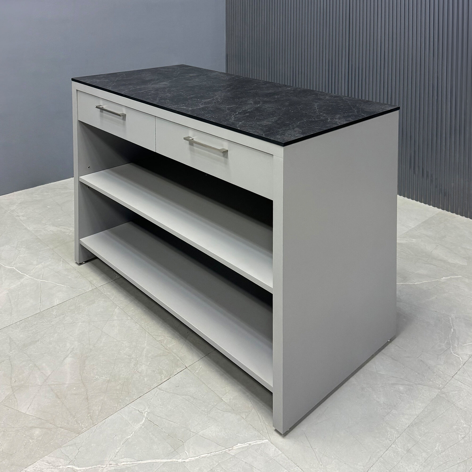48-inch Custom Bar Island Table with black amani engineered surface top and fog gray matte laminate island.