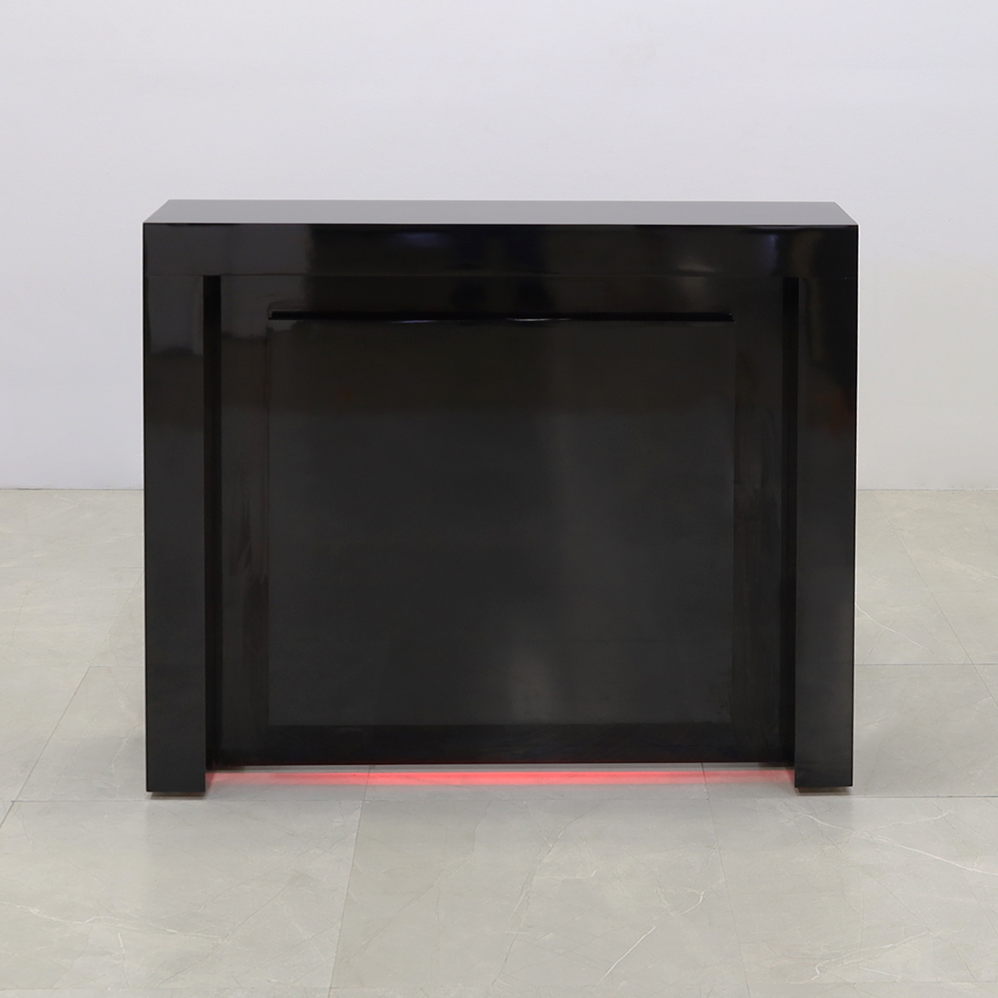48 inches New York reception Desk in black gloss laminate finish desk, counter and front panel, with multi-colored LED shown here.