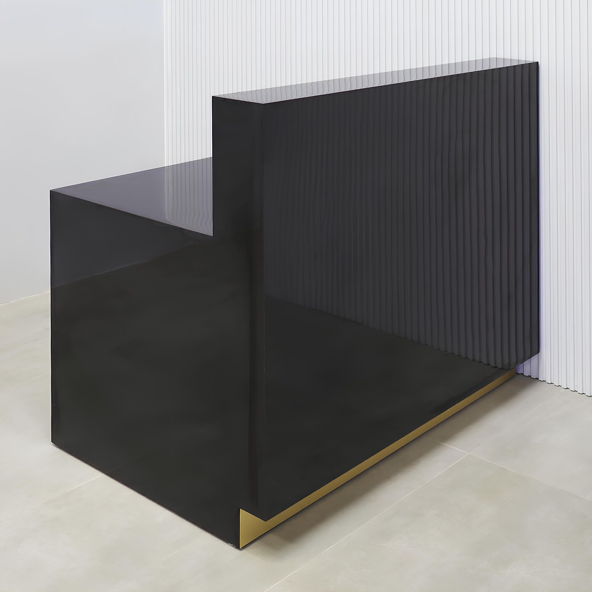 48-inch Dallas Straight Reception Desk with black gloss laminate front & workspace, and gold aluminum toe-kick.