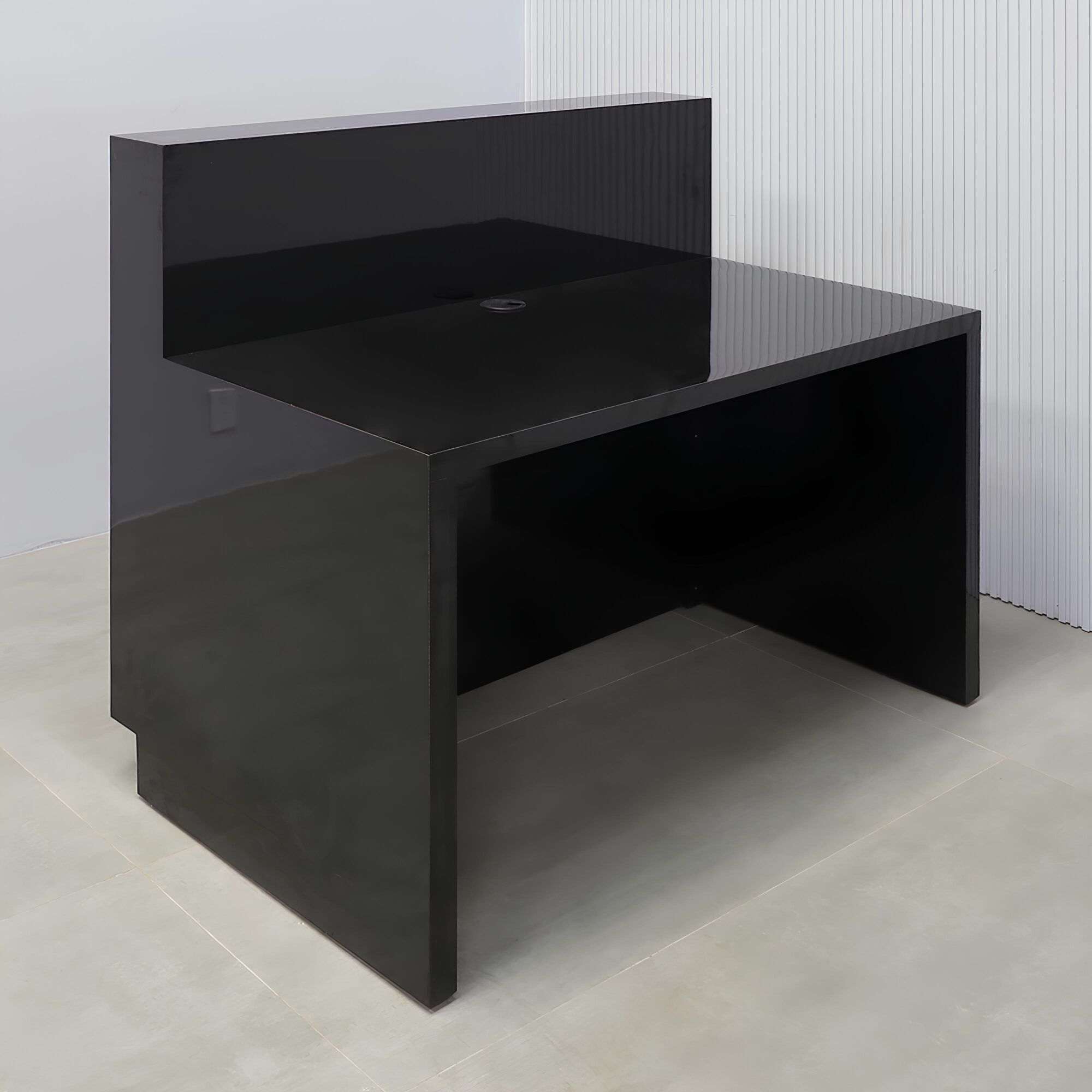 48-inch Dallas Straight Reception Desk with black gloss laminate front & workspace, and gold aluminum toe-kick.