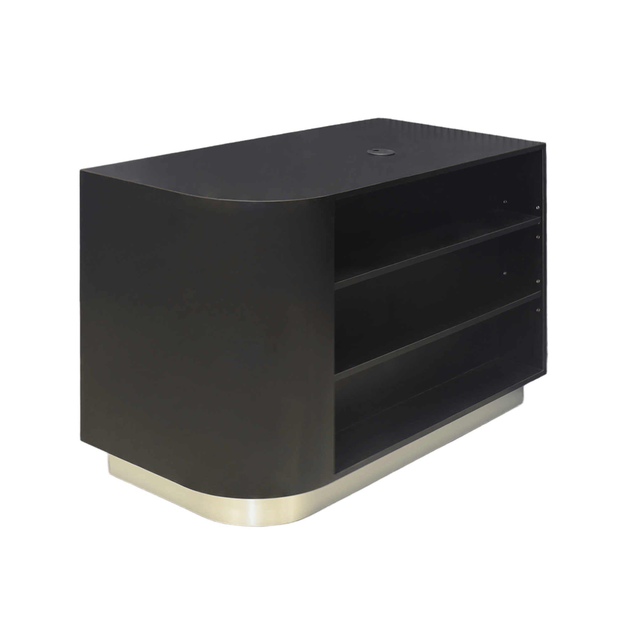 48-inch Nola Retail Custom Reception Desk in black matte laminate main desk with 2 adjustable shelves, and brushed aluminum toe-kick.