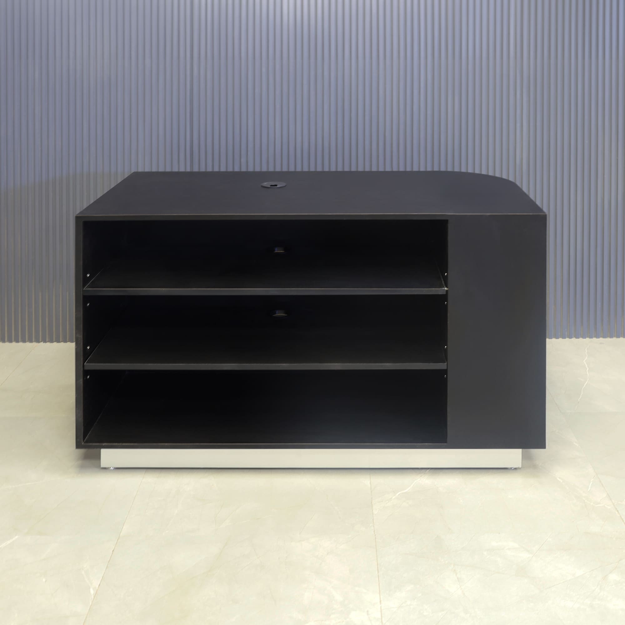 48-inch Nola Retail Custom Reception Desk in black matte laminate main desk and shelves, with brushed aluminum toe-kick, shown here.