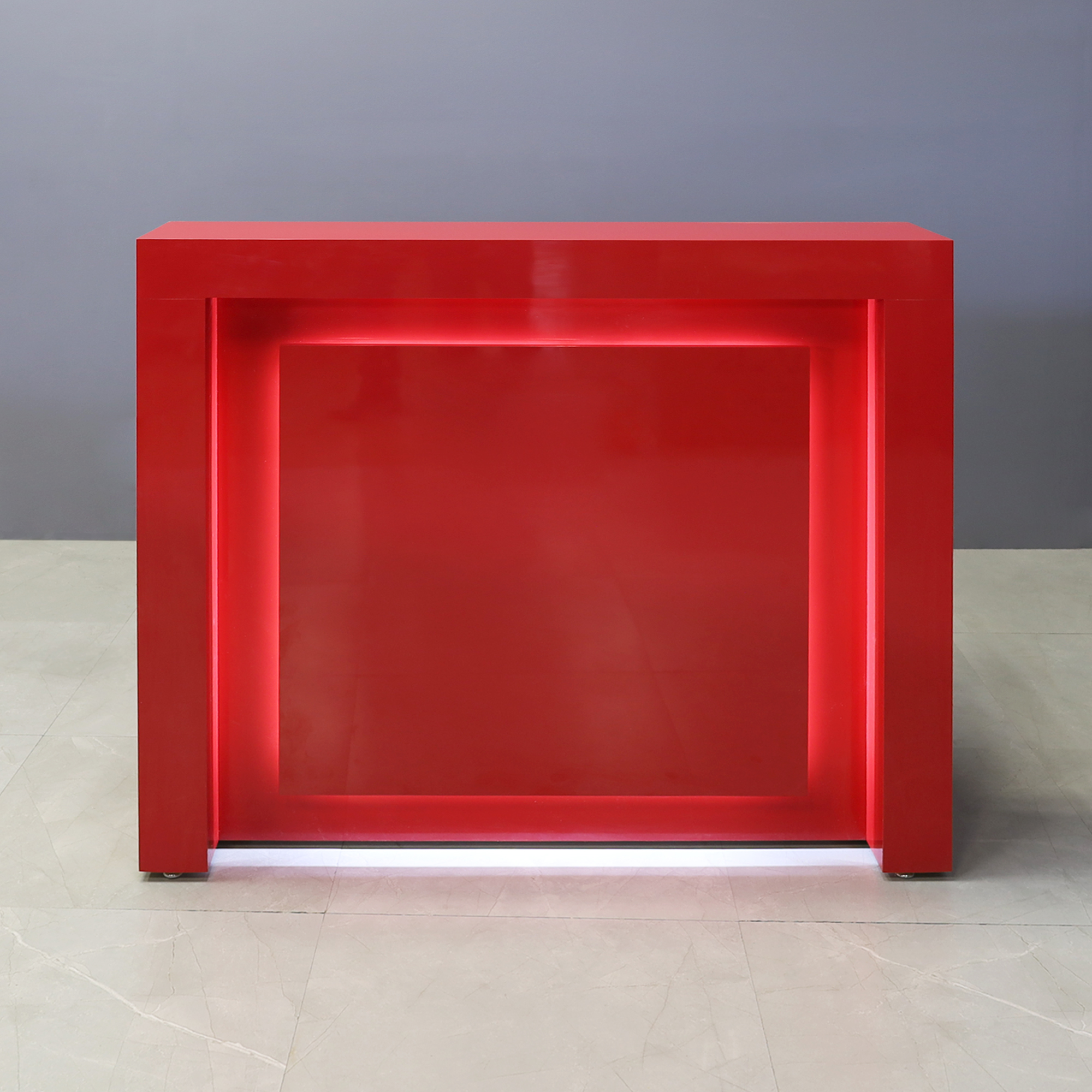 48-inch New York Straight Reception Desk in classic red gloss laminate main desk and accent, with warm white LED, shown here.