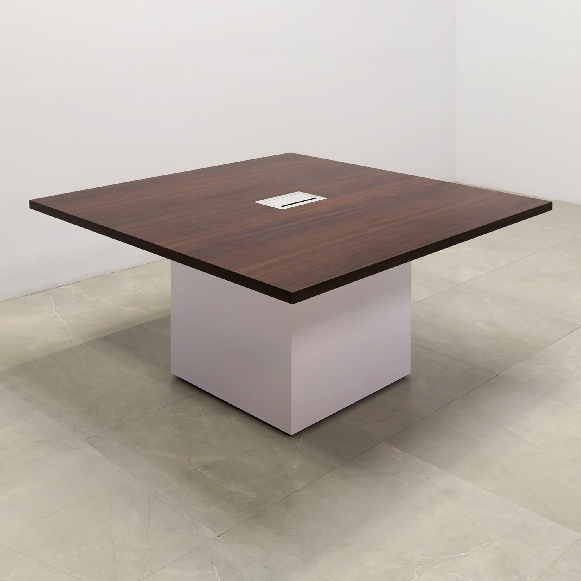 48-inch Newton Square Conference Table With Laminate Top in colombian walnut matte laminate top and white gloss laminate base, with silver MX3 powerbox, shown here.