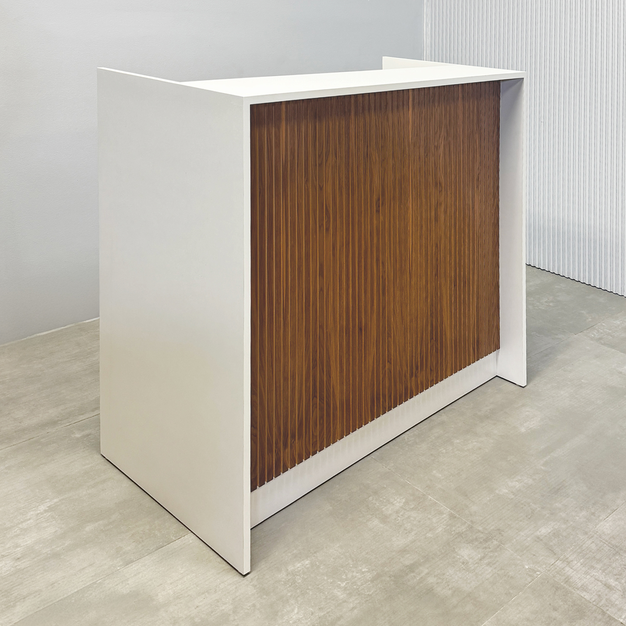 48-inch New York Shape Podium & Host with Dover off-white laminate desk & toe kick, walnut & natural background tambour front panel.