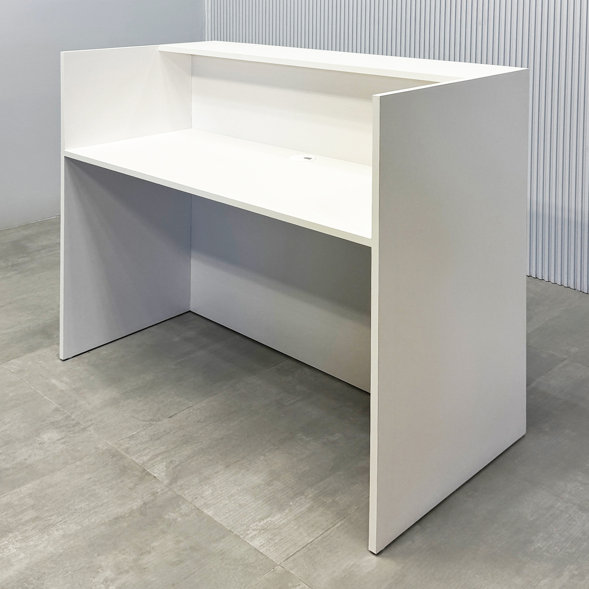 48-inch New York Shape Podium & Host with Dover off-white laminate desk & toe kick, walnut & natural background tambour front panel.