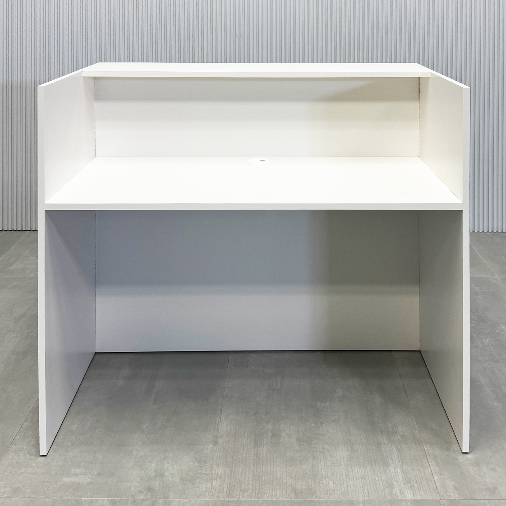 48-inch New York Shape Podium & Host with Dover off-white laminate desk & toe kick, walnut & natural background tambour front panel.