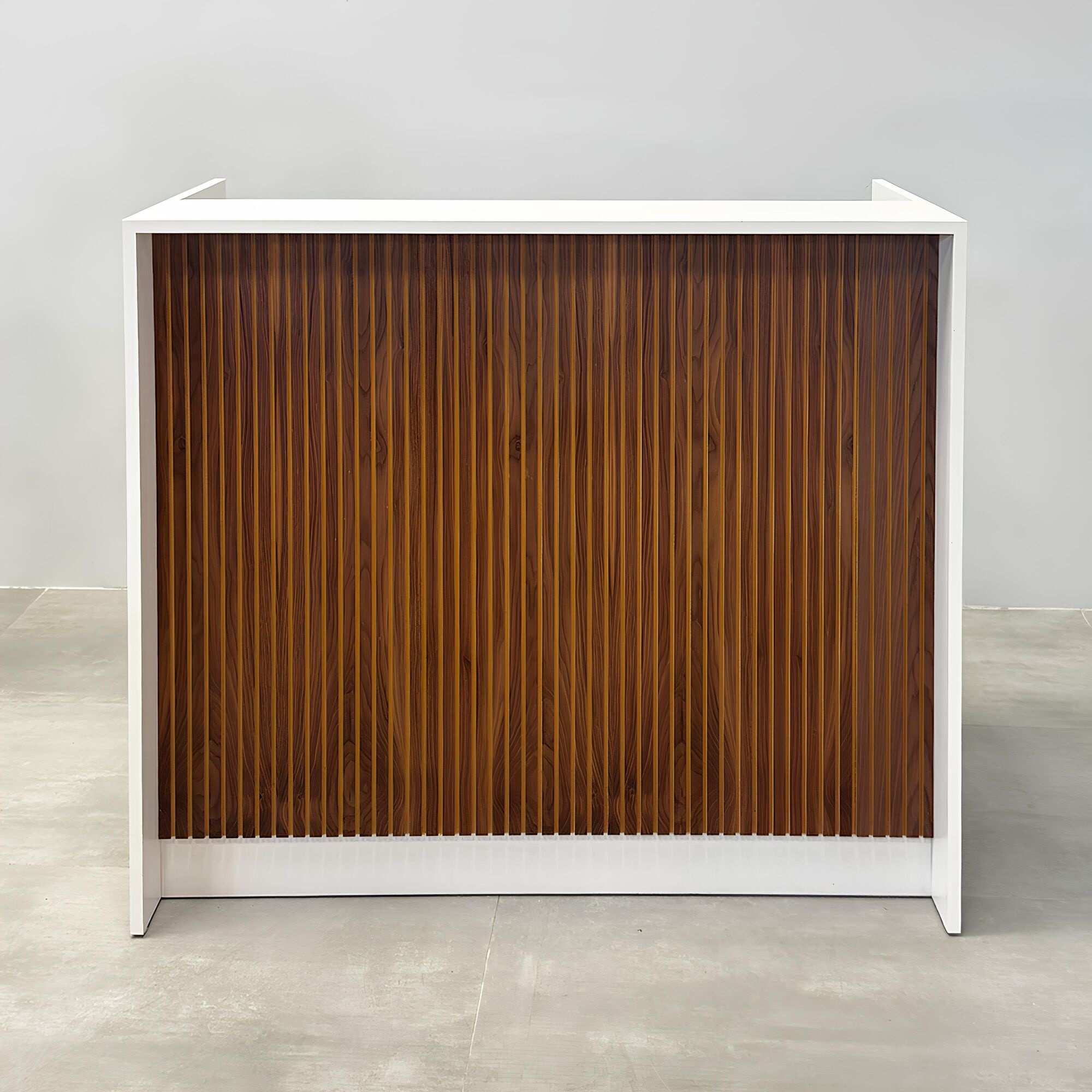 48-inch New York Shape Podium & Host with Dover off-white laminate desk & toe kick, walnut & natural background tambour front panel.