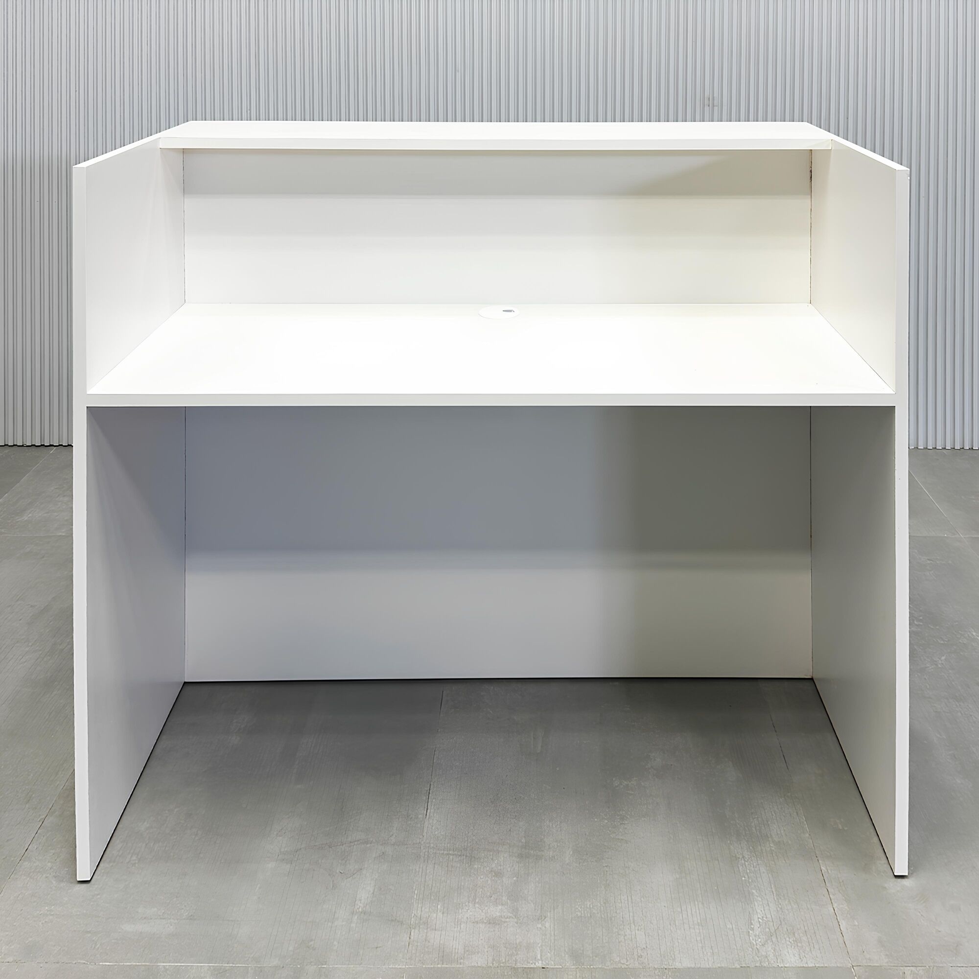 48-inch New York Shape Podium & Host with Dover off-white laminate desk & toe kick, walnut & natural background tambour front panel.