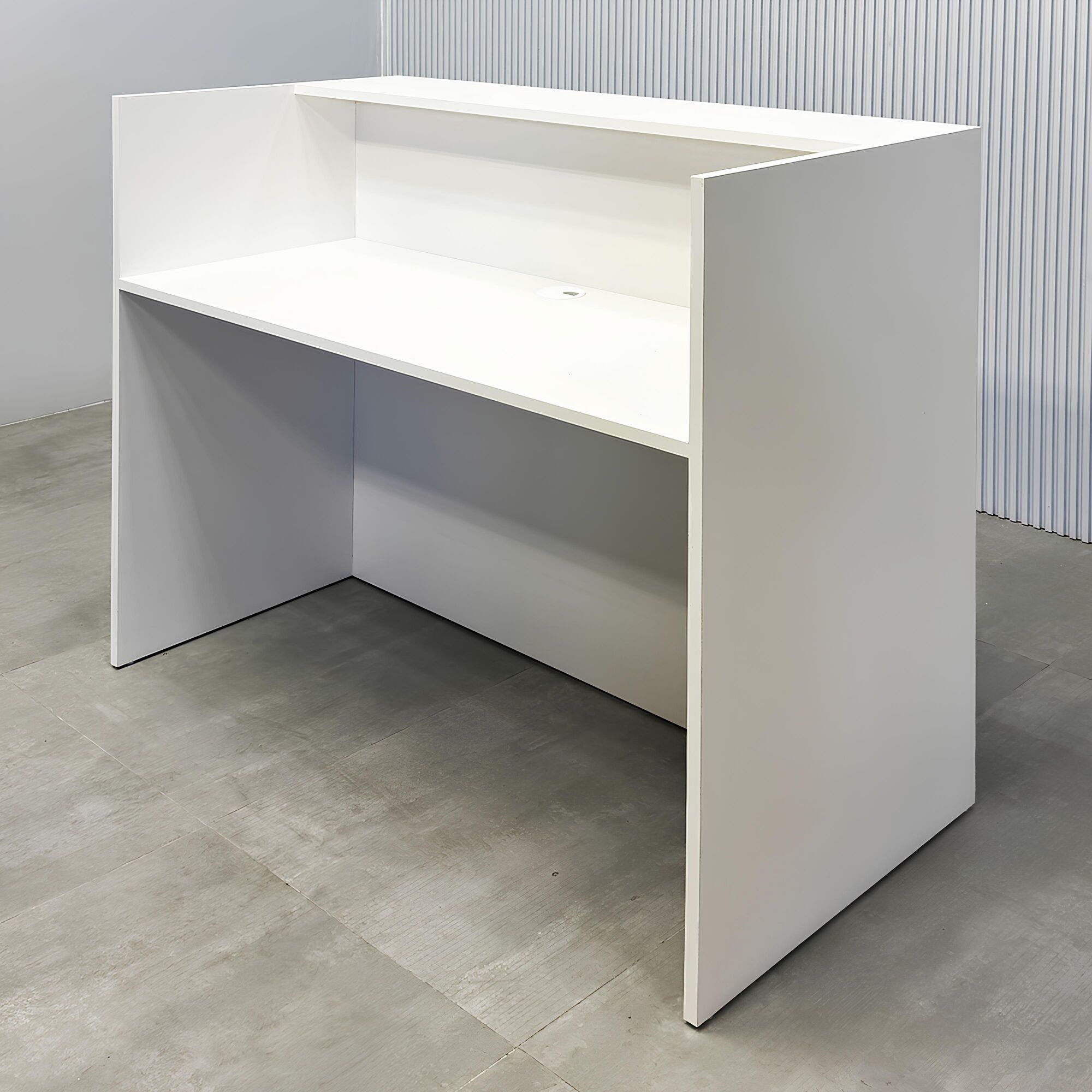 48-inch New York Shape Podium & Host with Dover off-white laminate desk & toe kick, walnut & natural background tambour front panel.