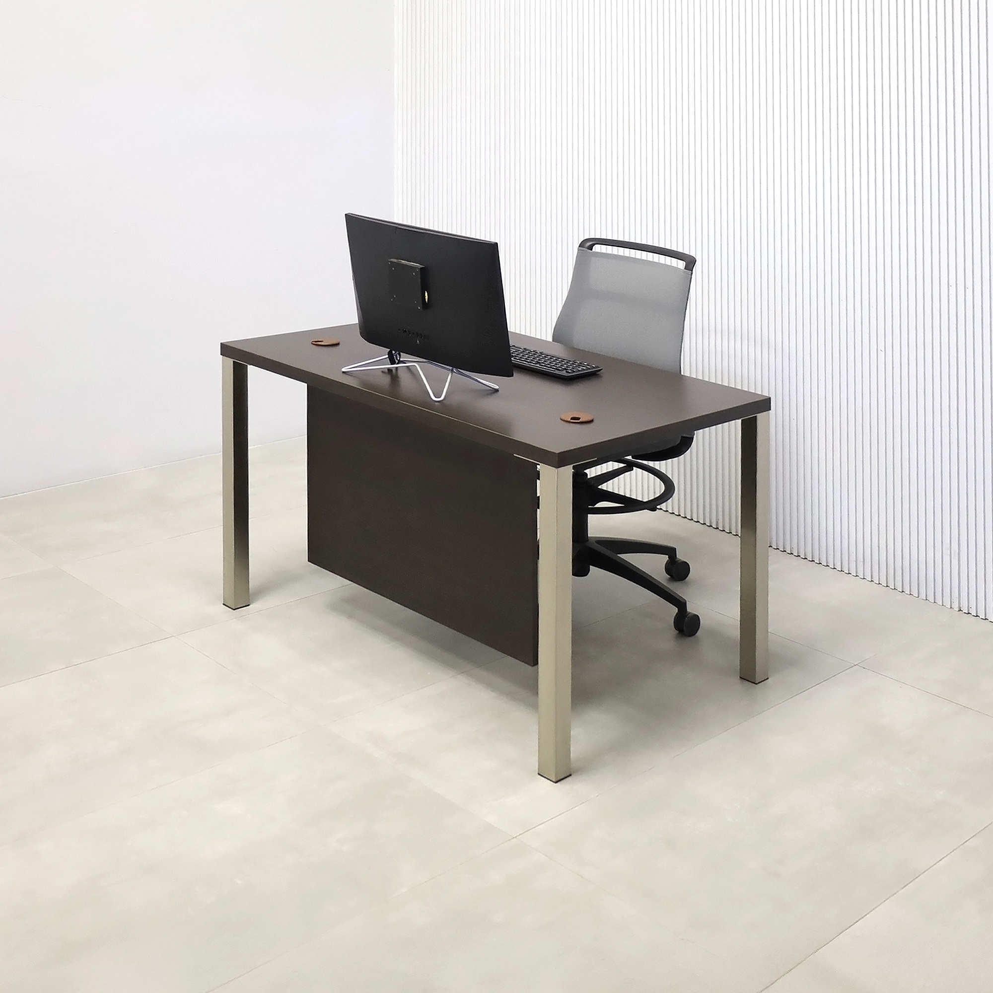 48-inch Dallas Straight Executive Desk with Ebony Recon matte laminate, Ebony Recon matte laminate privacy panel, and Brushed Aluminum legs.