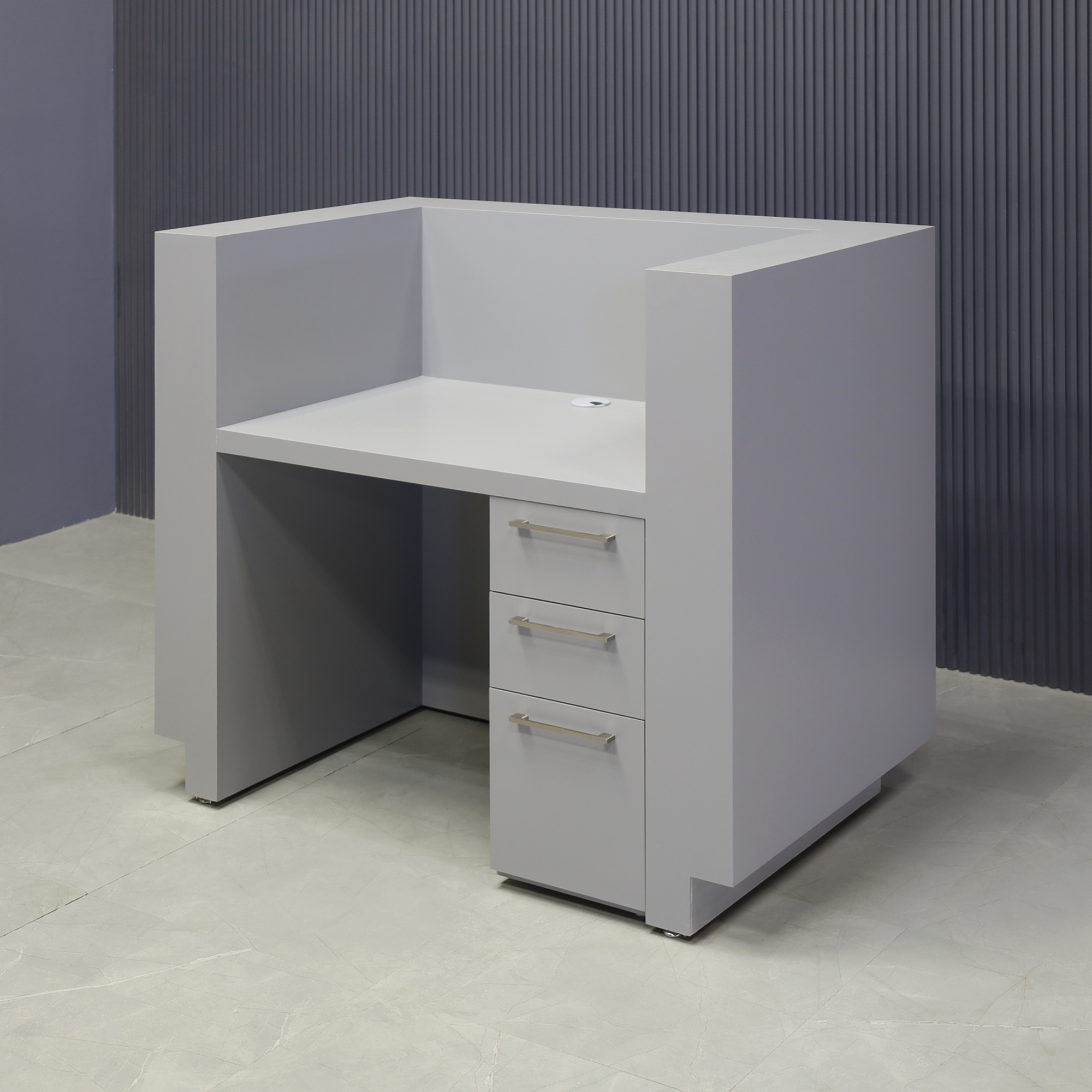 48-inch Dallas U-Shape Reception Desk in fog gray matte laminate main desk and brushed aluminum toe-kick, with built-in storage on right side when sitting, shown here.