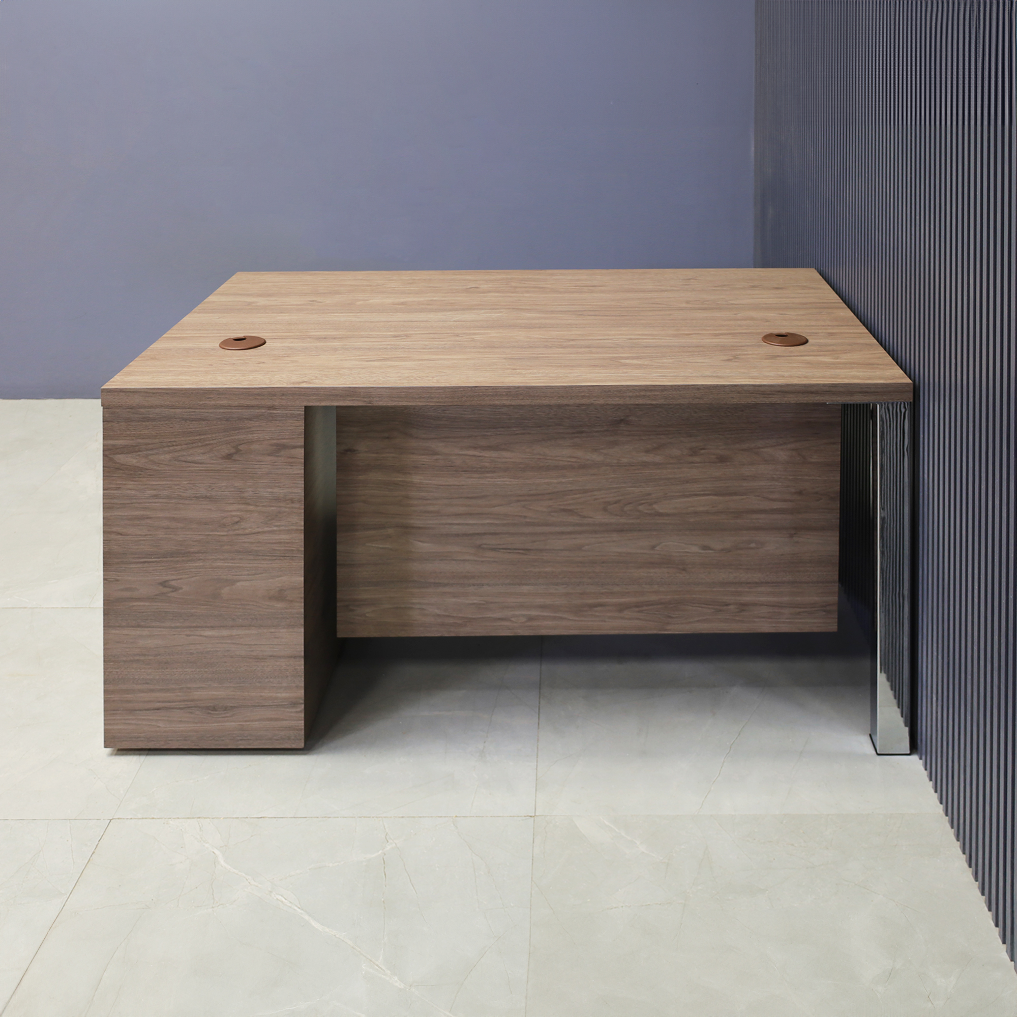 48-inch Dallas Straight Executive Desk with Hazel Walnut matte laminate, Hazel Walnut matte laminate privacy panel, and Brushed Aluminum legs.