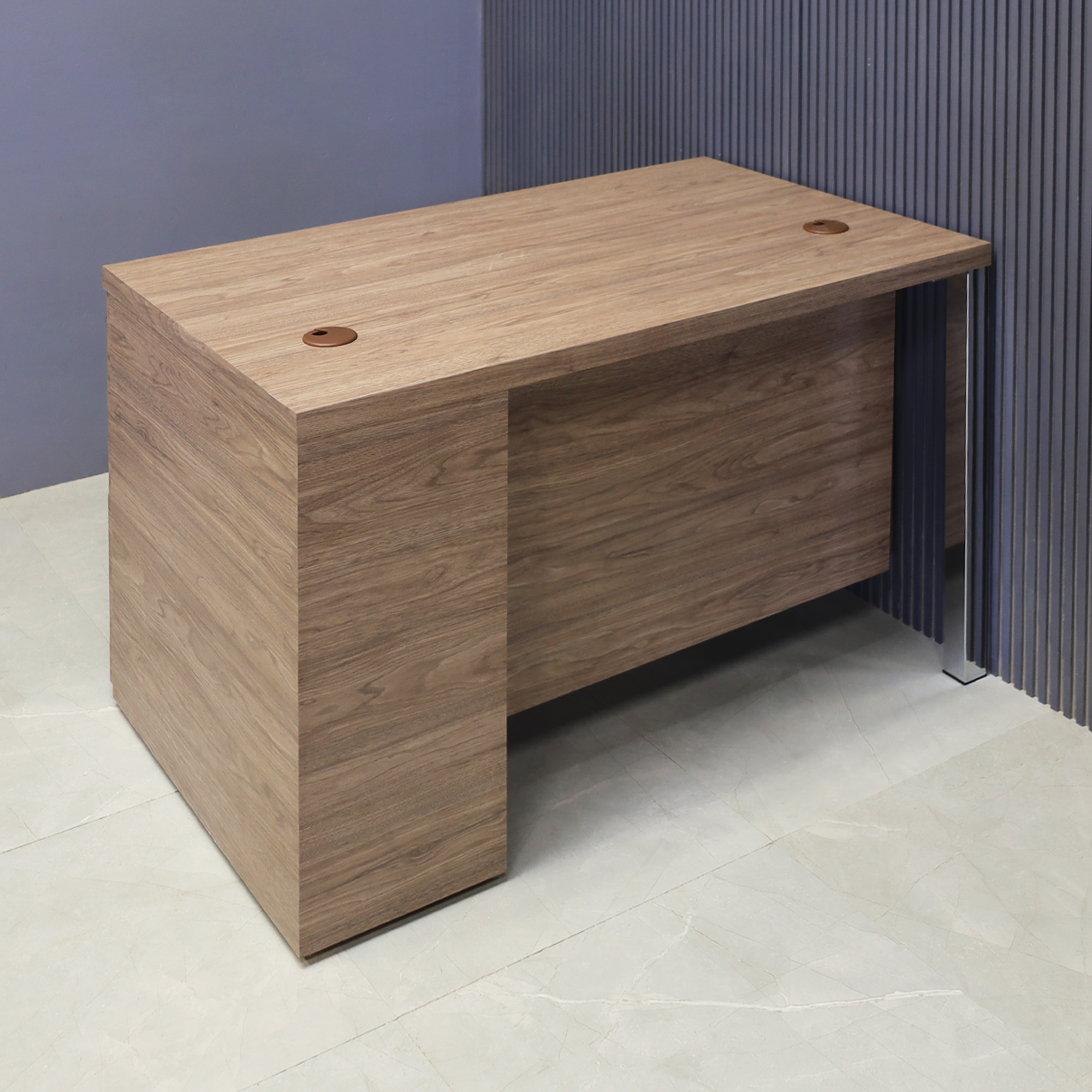48-inch Dallas Straight Executive Desk with Hazel Walnut matte laminate, Hazel Walnut matte laminate privacy panel, and Brushed Aluminum legs.