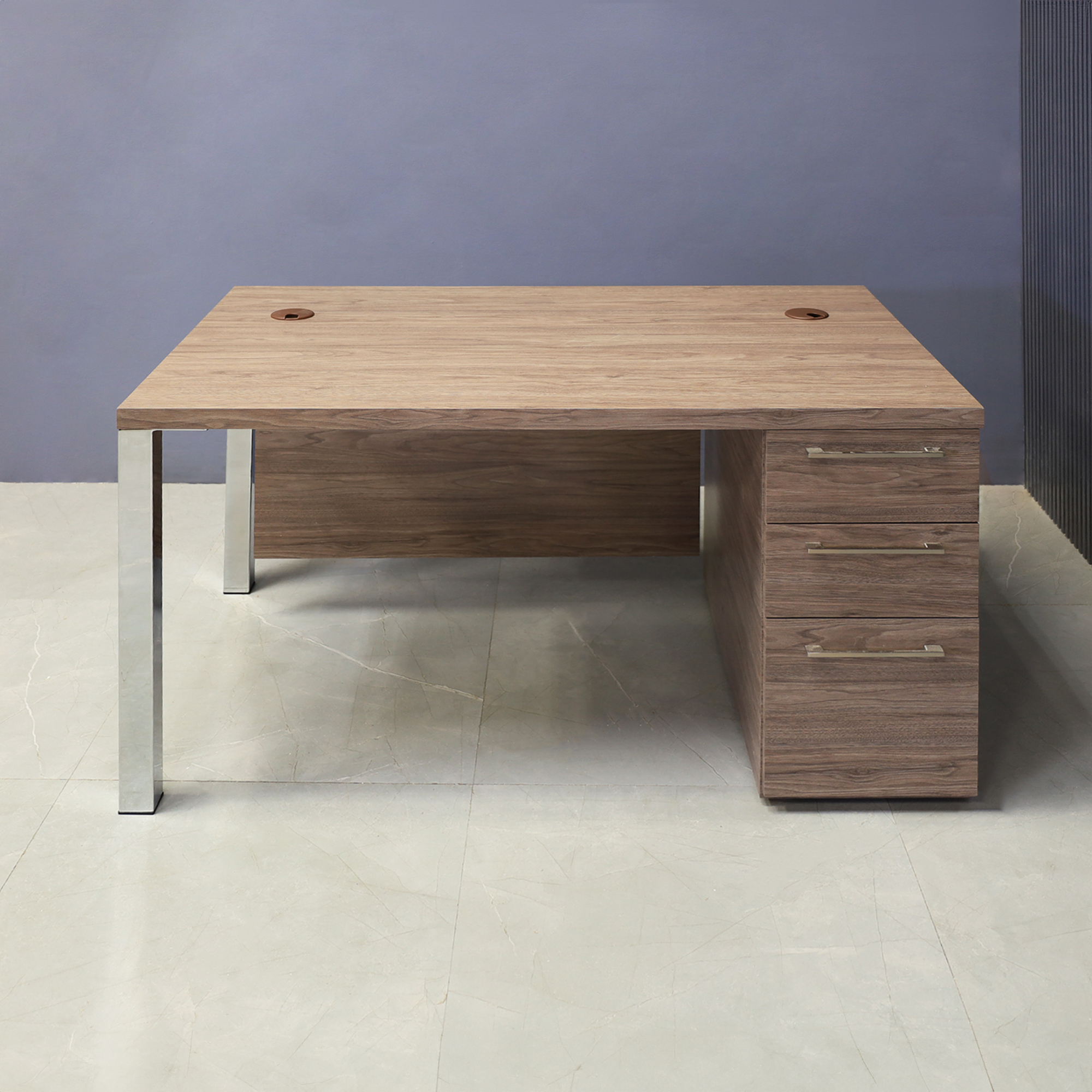 48-inch Dallas Straight Executive Desk with Hazel Walnut matte laminate, Hazel Walnut matte laminate privacy panel, and Brushed Aluminum legs.