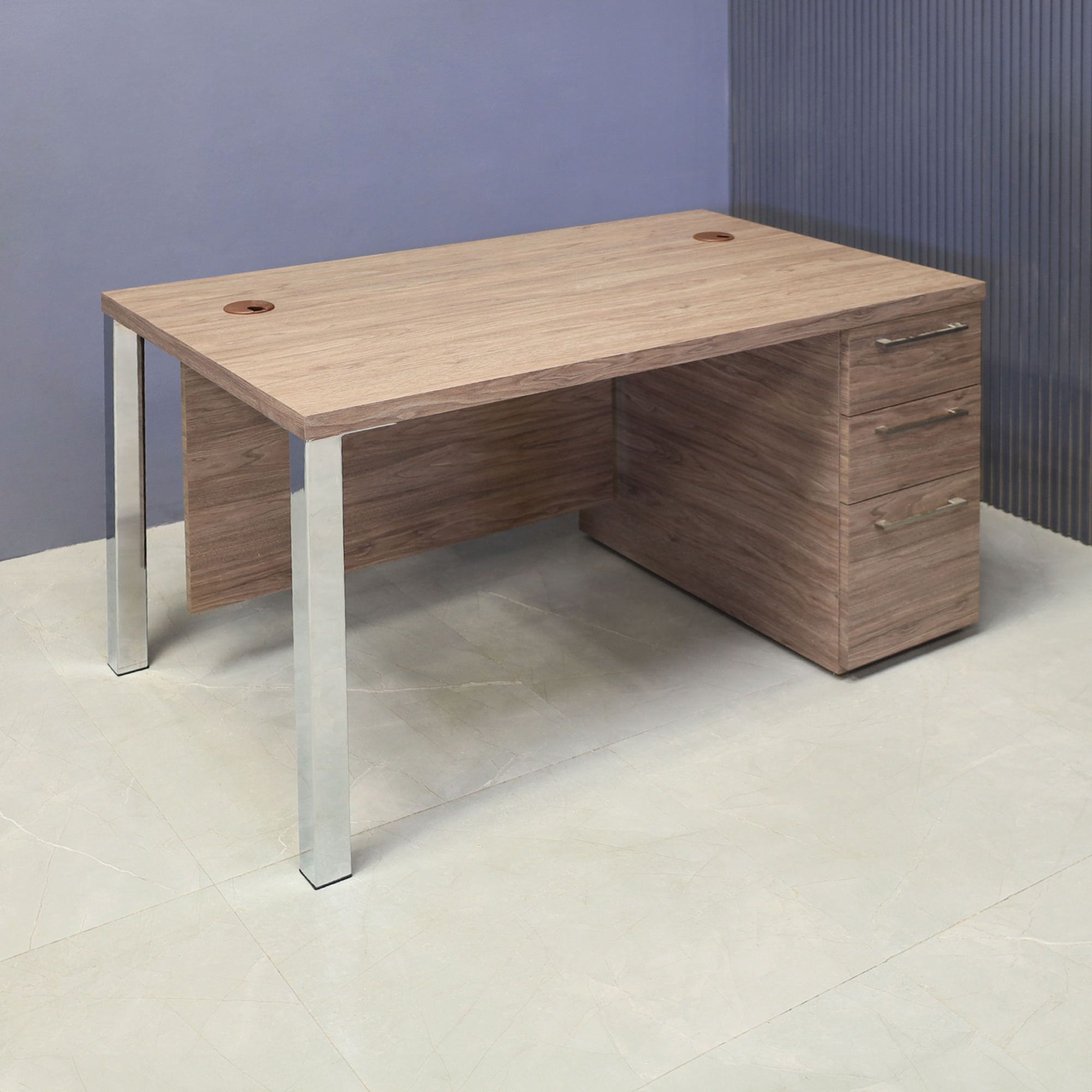 48-inch Dallas Straight Executive Desk with Hazel Walnut matte laminate, Hazel Walnut matte laminate privacy panel, and Brushed Aluminum legs.
