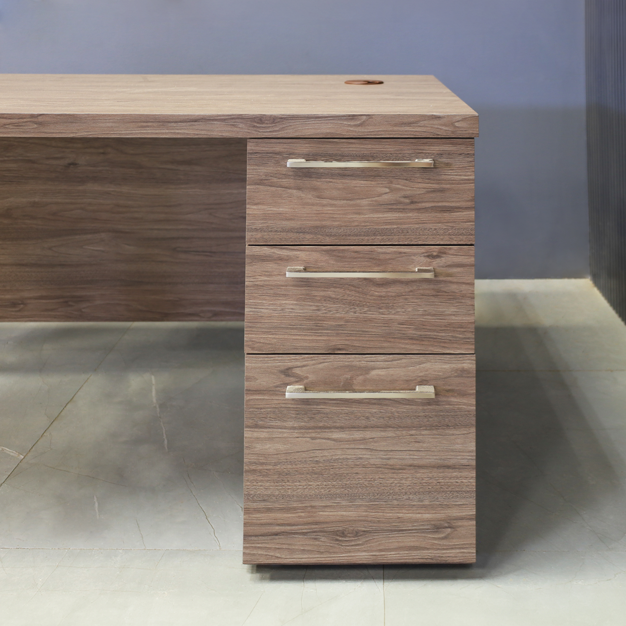 48-inch Dallas Straight Executive Desk with Hazel Walnut matte laminate, Hazel Walnut matte laminate privacy panel, and Brushed Aluminum legs.
