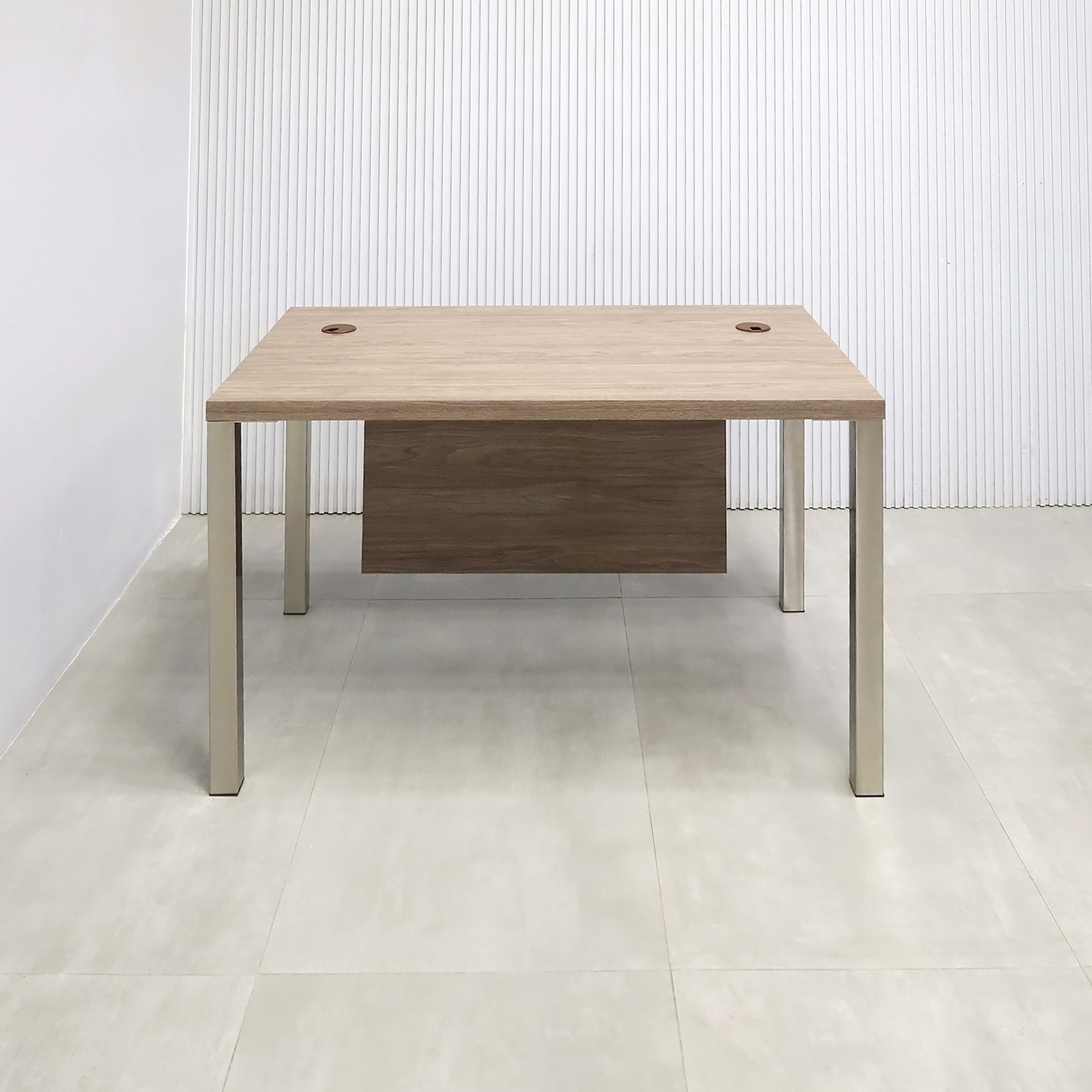 48-inch Dallas Straight Executive Desk with Hazel Walnut matte laminate, Hazel Walnut matte laminate privacy panel, and Brushed Aluminum legs.