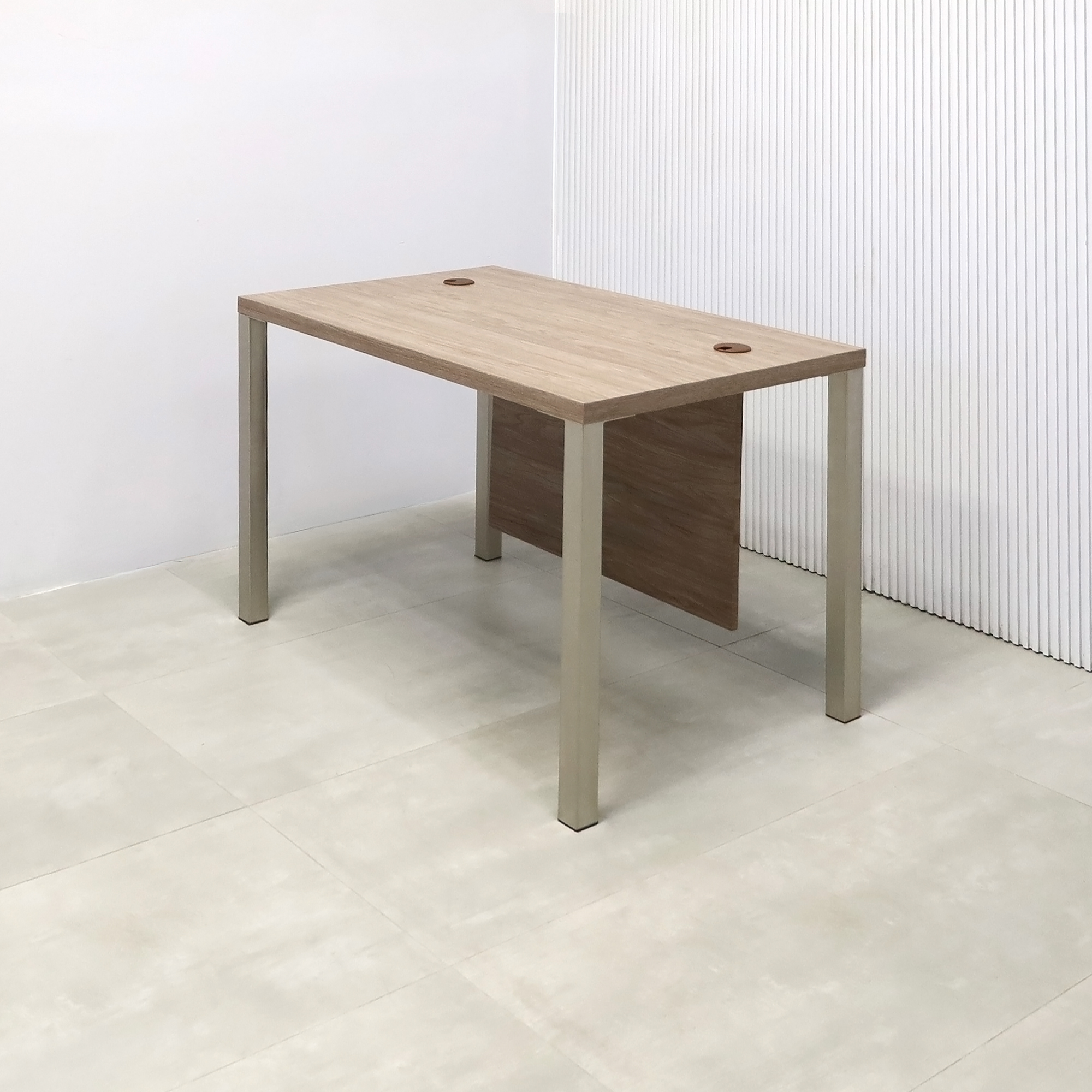 48-inch Dallas Straight Executive Desk with Hazel Walnut matte laminate, Hazel Walnut matte laminate privacy panel, and Brushed Aluminum legs.