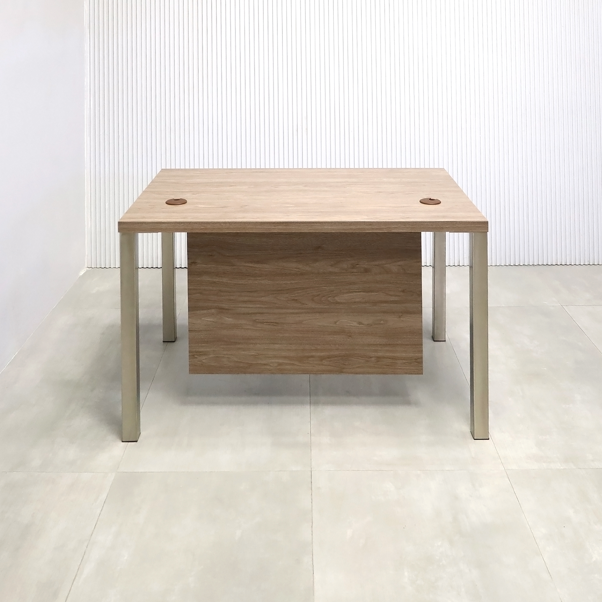 48-inch Dallas Straight Executive Desk with Hazel Walnut matte laminate, Hazel Walnut matte laminate privacy panel, and Brushed Aluminum legs.
