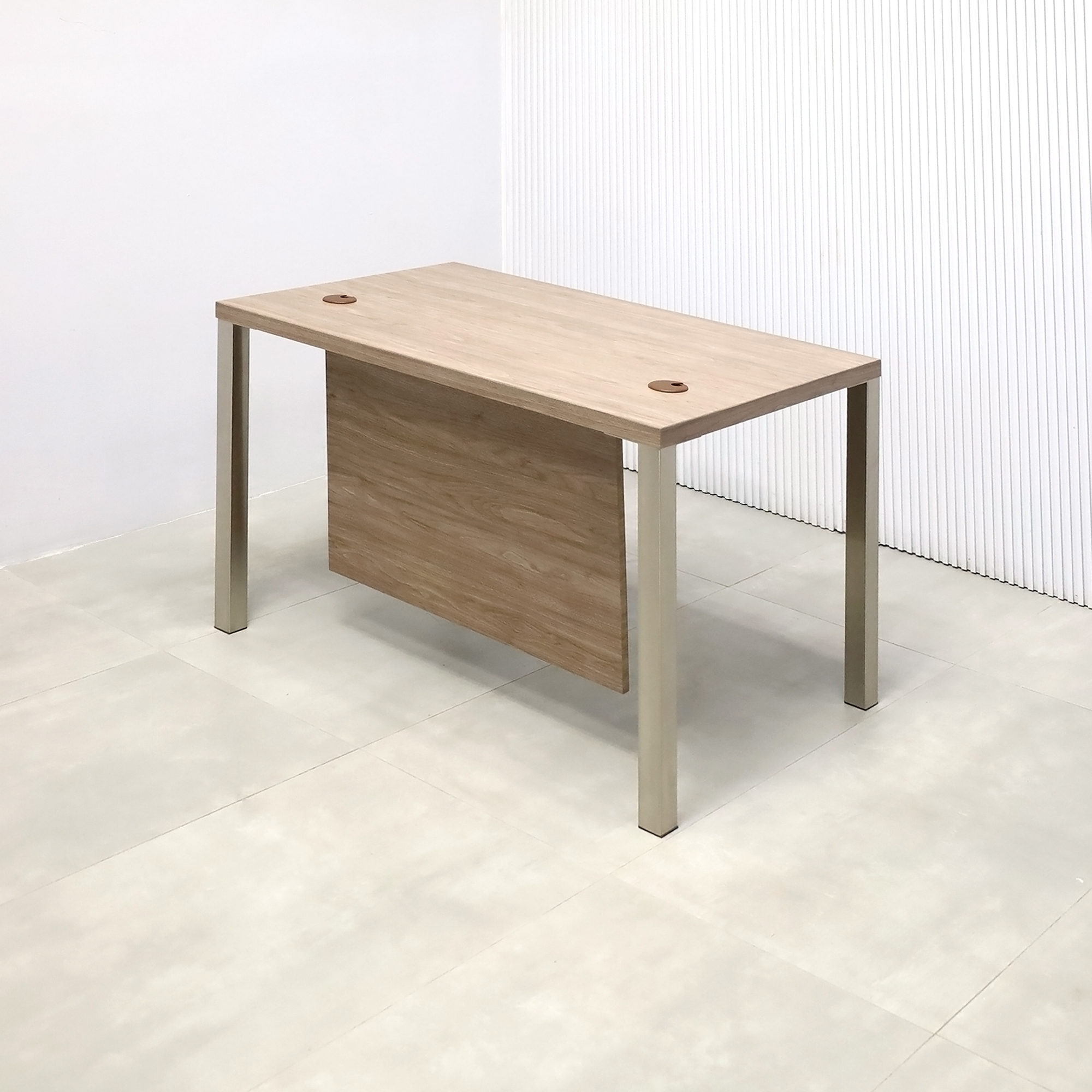 48-inch Dallas Straight Executive Desk with Hazel Walnut matte laminate, Hazel Walnut matte laminate privacy panel, and Brushed Aluminum legs.