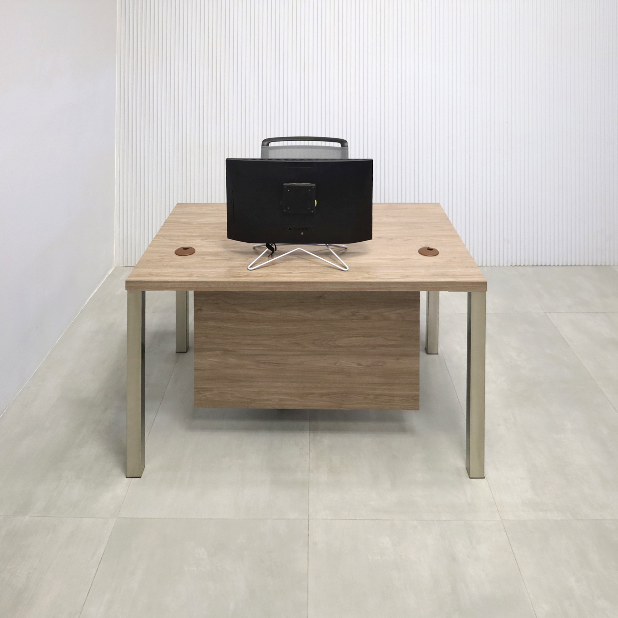 48-inch Dallas Straight Executive Desk with Hazel Walnut matte laminate, Hazel Walnut matte laminate privacy panel, and Brushed Aluminum legs.