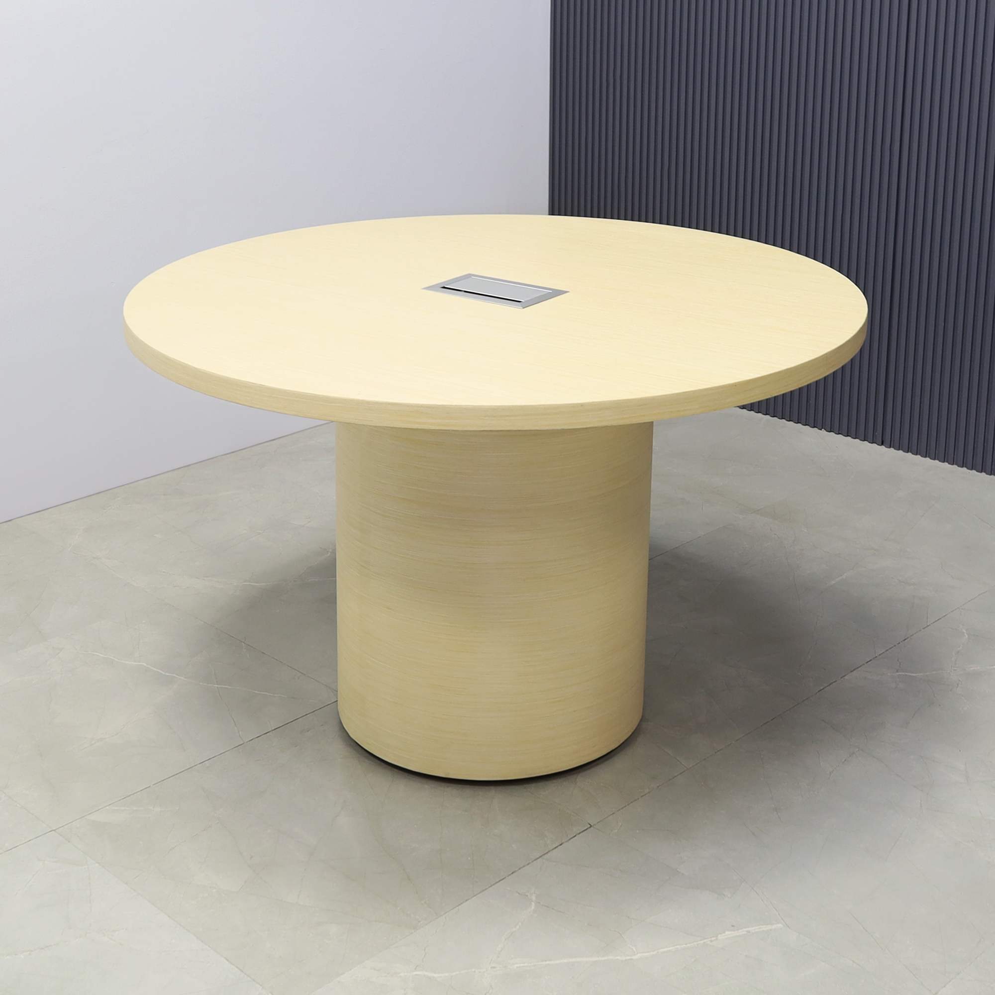 48-inch Newton Round Conference Table in maple veneer top and base, with silver MX3 powerbox, shown here.
