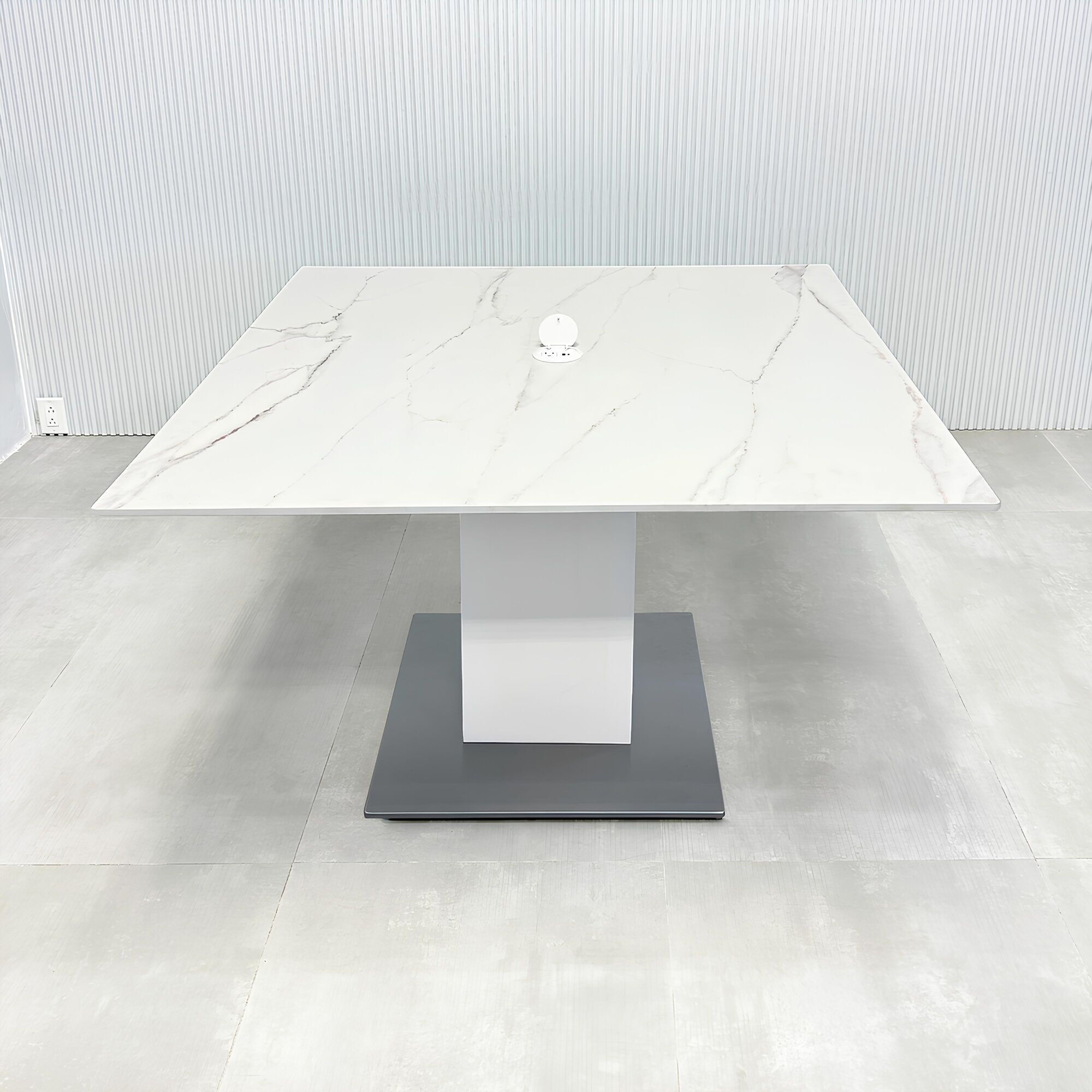 48-inch Aurora Square Conference Table with solenne marble top, black base and mx1 powerbox.
