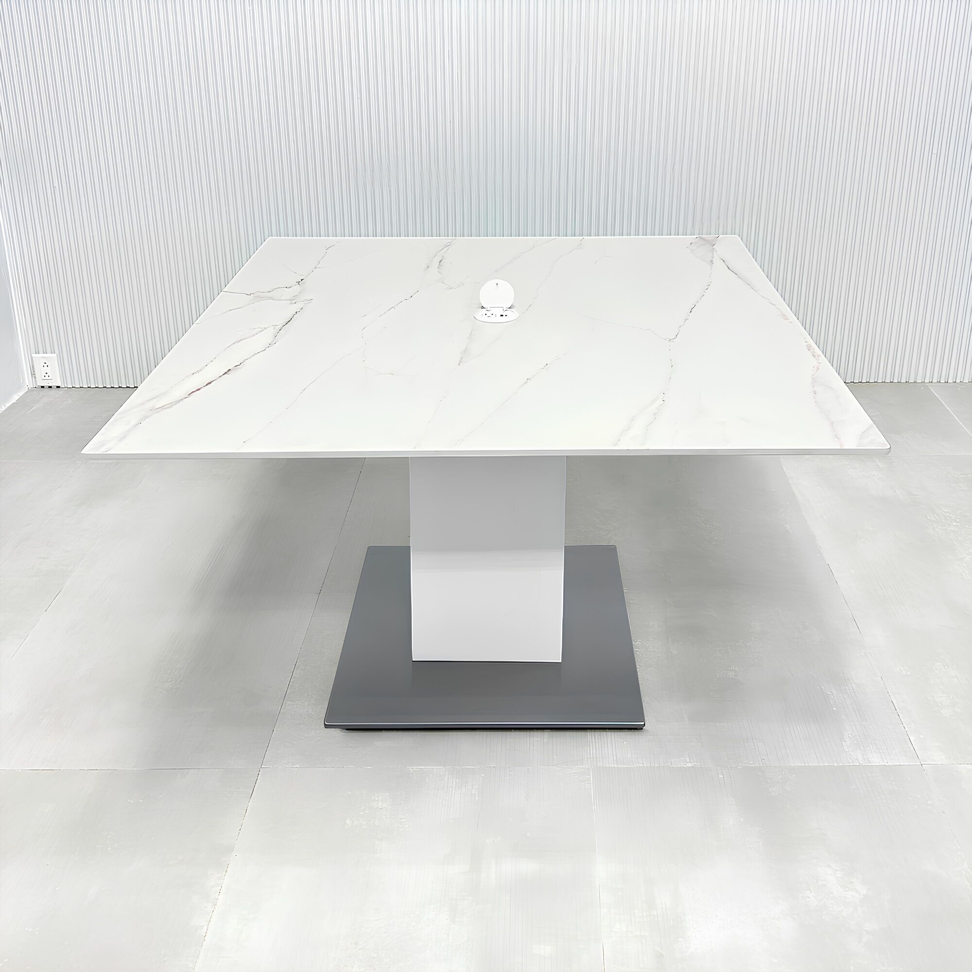 46-inch Aurora X3 Square Conference Table with solenne engineered surface top, dover off-white matte laminate pedestal, silver metal powder coated base, and mx1 power box in white.
