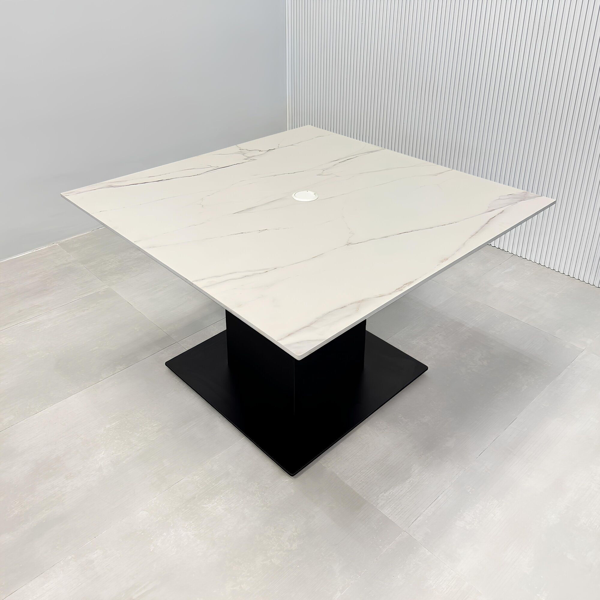 48-inch Aurora Square Conference Table with solenne marble top, black base and mx1 powerbox.
