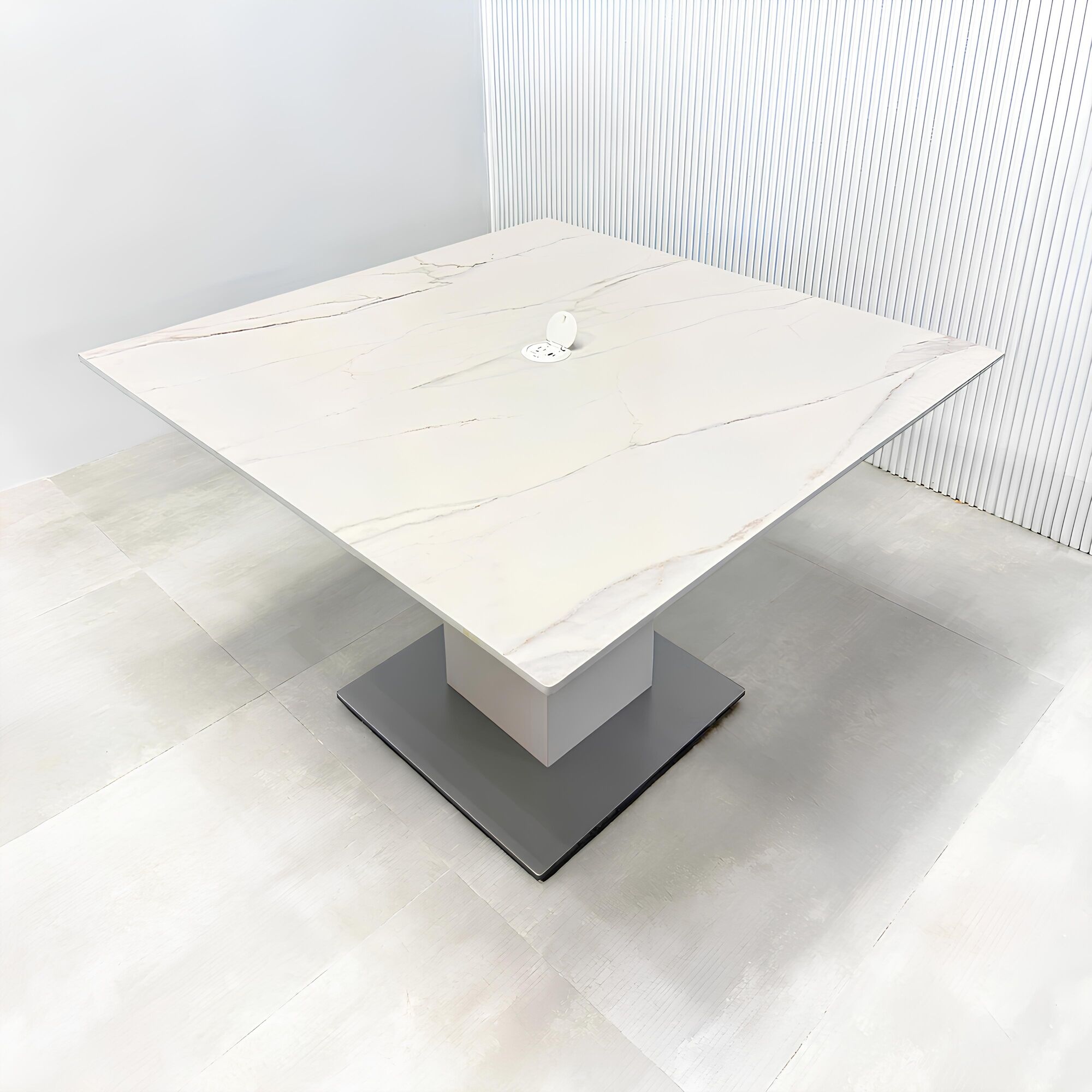 46-inch Aurora X3 Square Conference Table with solenne engineered surface top, dover off-white matte laminate pedestal, silver metal powder coated base, and mx1 power box in white.