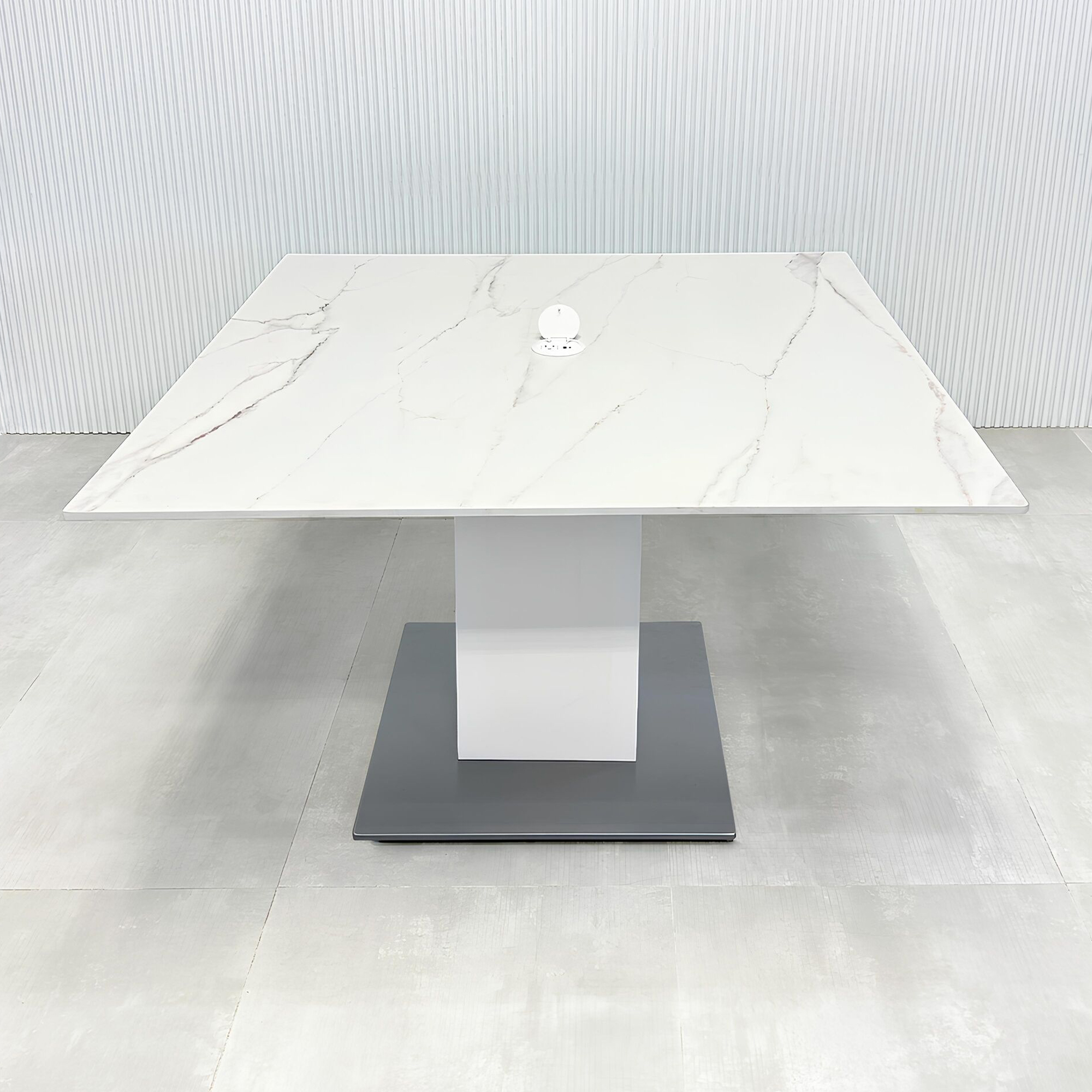 48-inch Aurora Square Conference Table with solenne marble top, black base and mx1 powerbox.