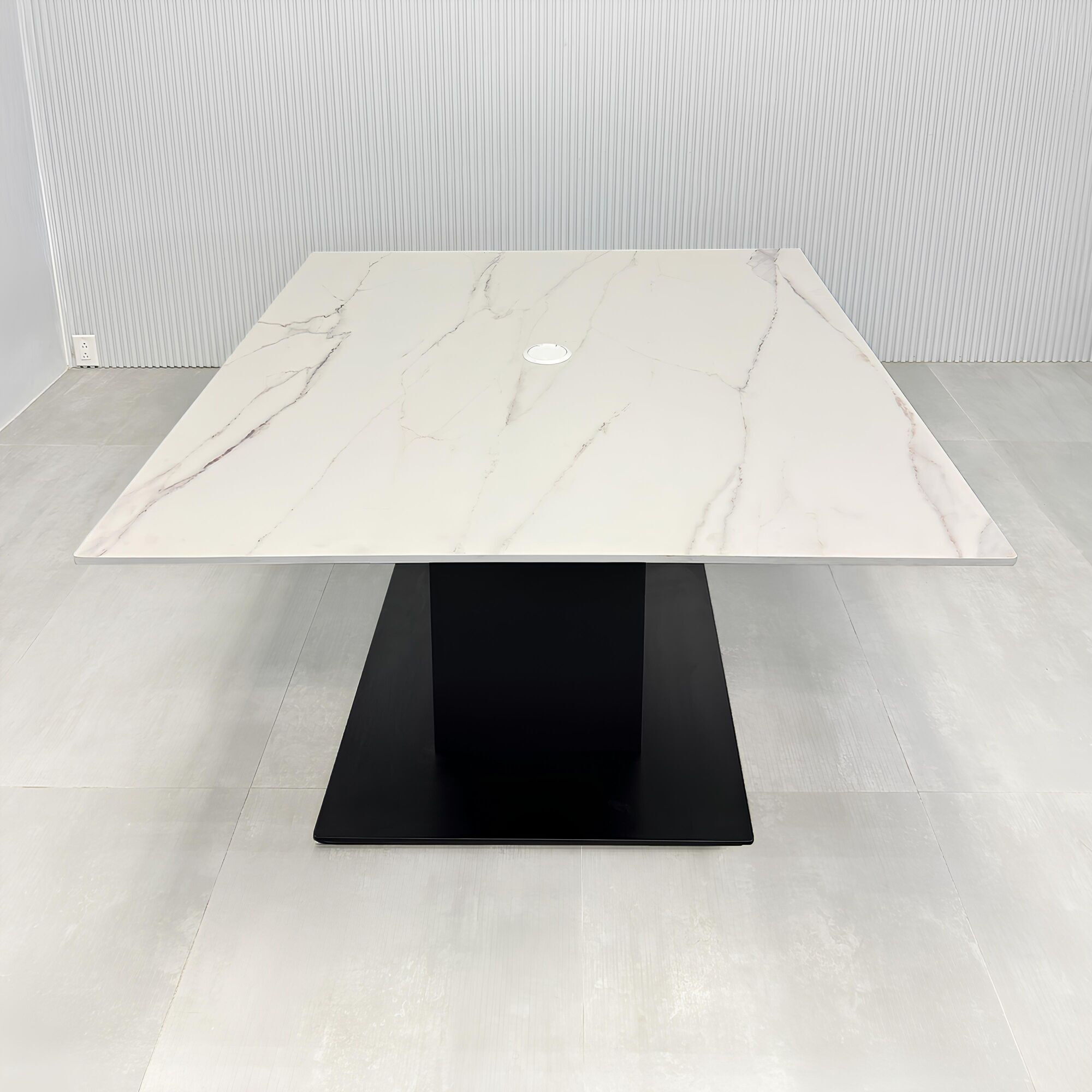 48-inch Aurora Square Conference Table with solenne marble top, black base and mx1 powerbox.