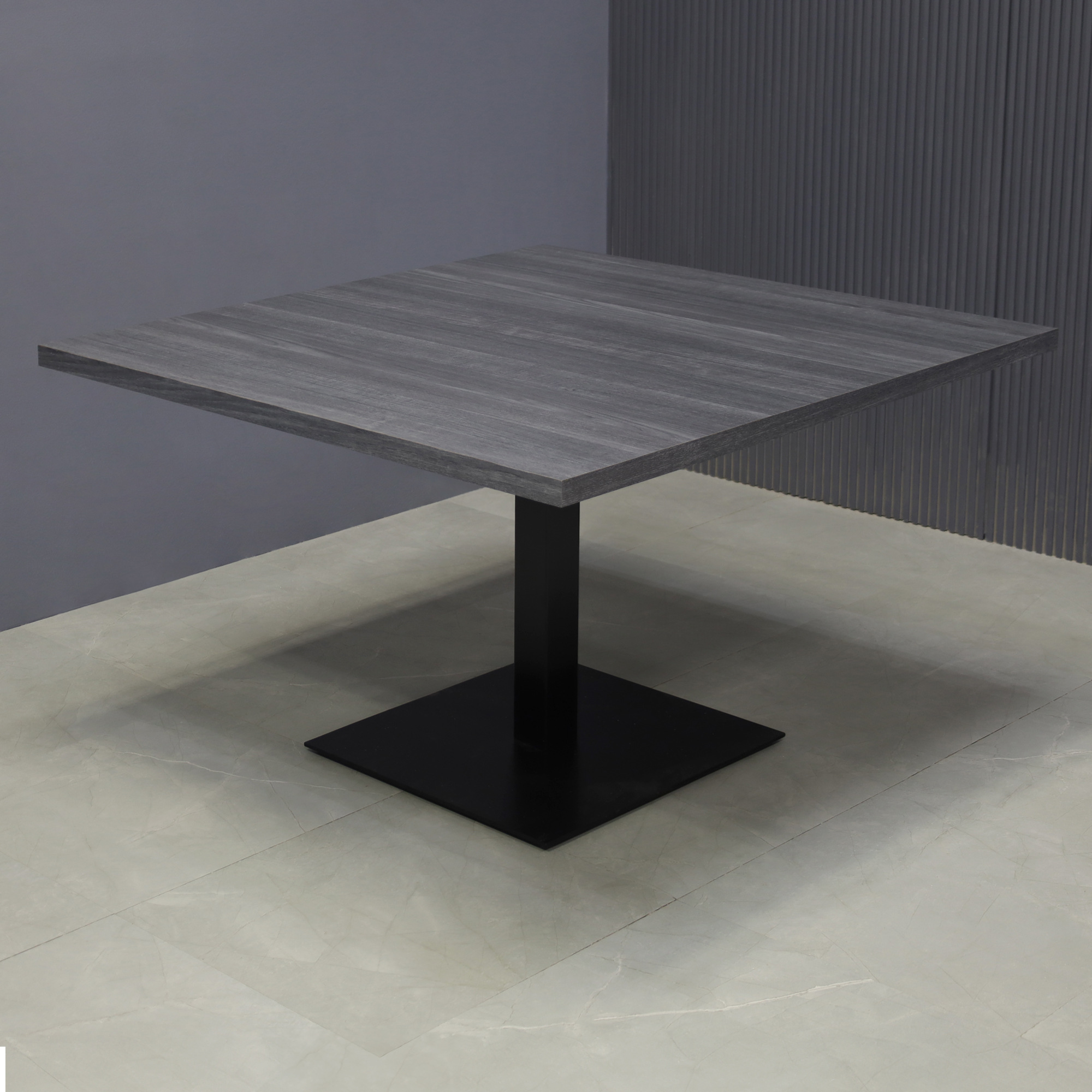 48-inch California Square Conference Table with Laminate Top in storm teakwood matte and black stainless steel base, shown here.