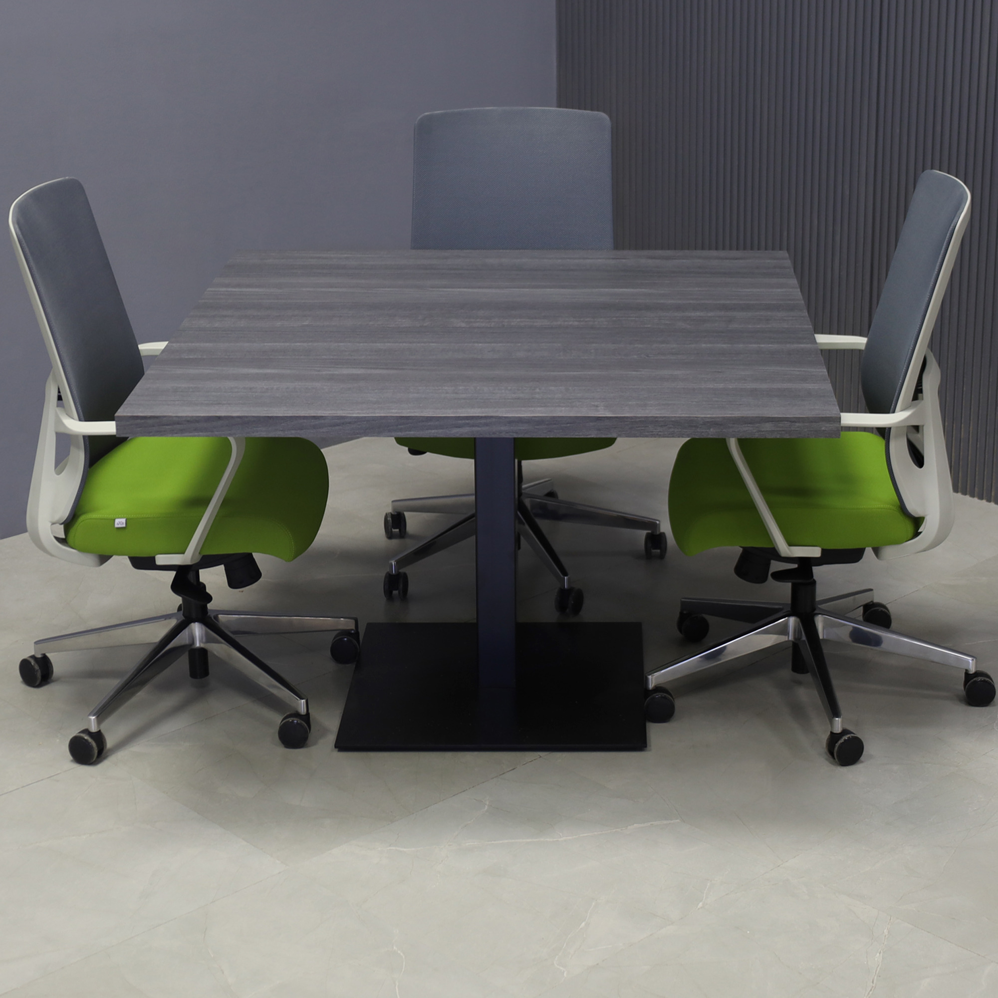 48-inch Newton Square Conference Table with X1 Base in storm teakwood matte and black metal powder-coated base.