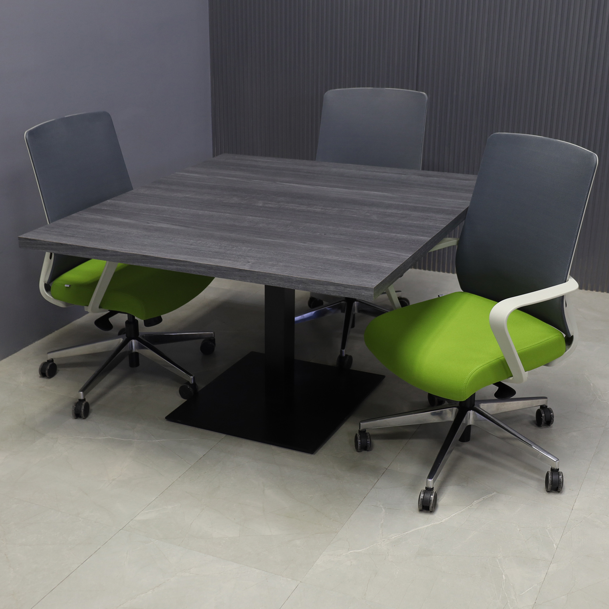 48-inch California Square Conference Table with Laminate Top in storm teakwood matte and black stainless steel base, shown here.