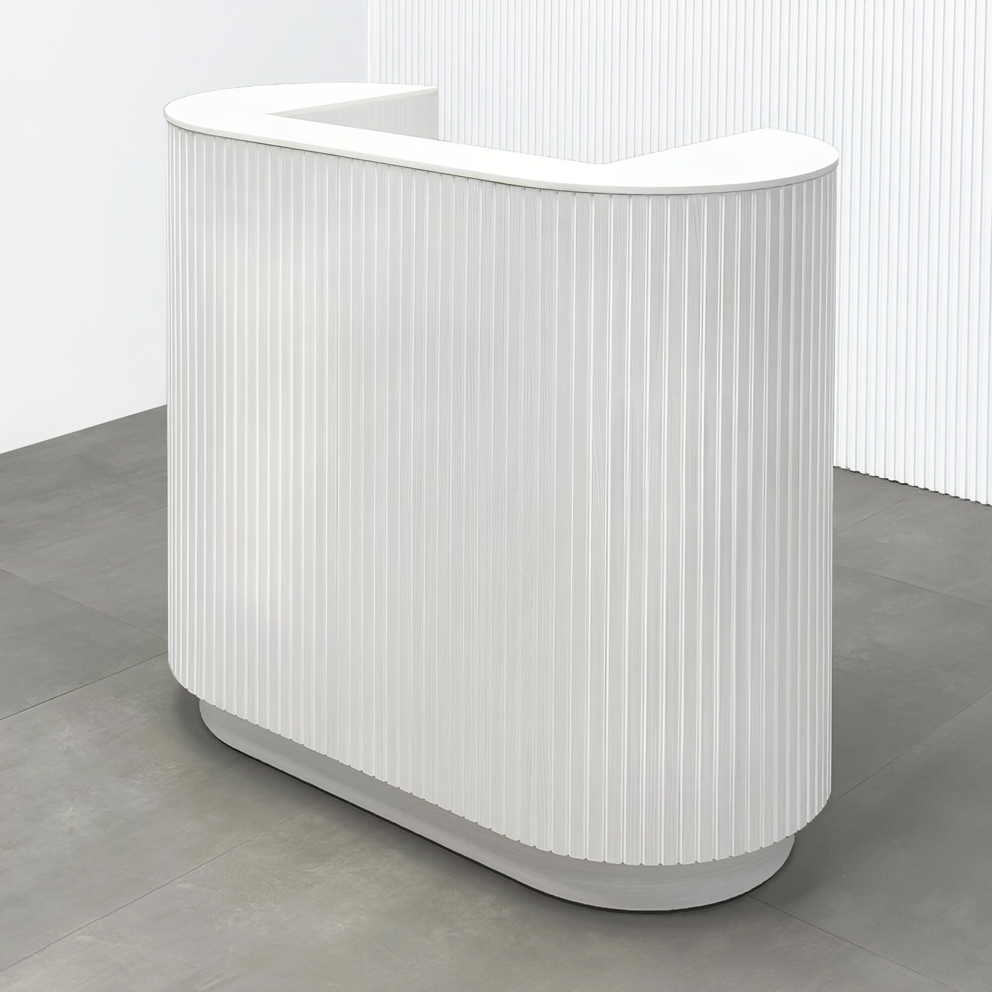 48-inch The Pill Reception Desk with white ash laminate desk, white ash tambour front accent, white ash laminate toe-kick.