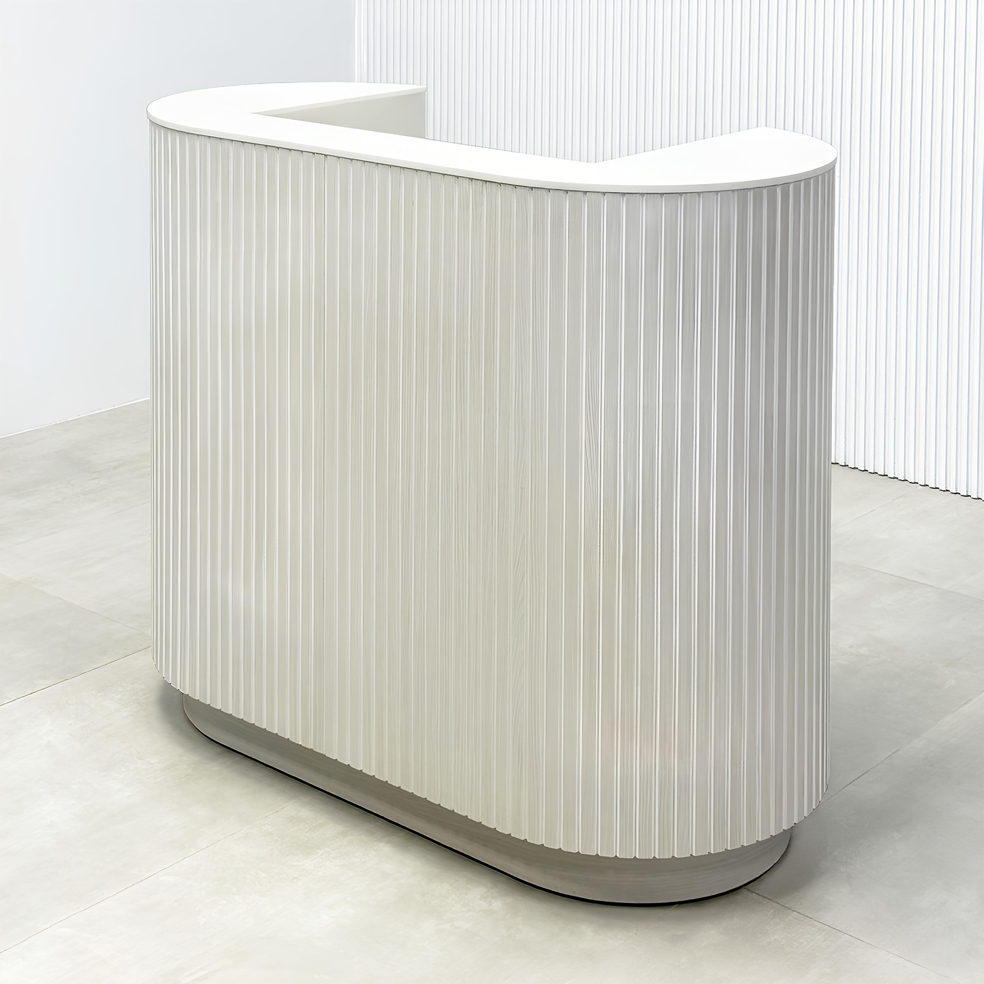 48-inch The Pill Custom Reception Desk in white ash laminate desk, white ash laminate tambour front accent, and white ash laminate toe-kick.