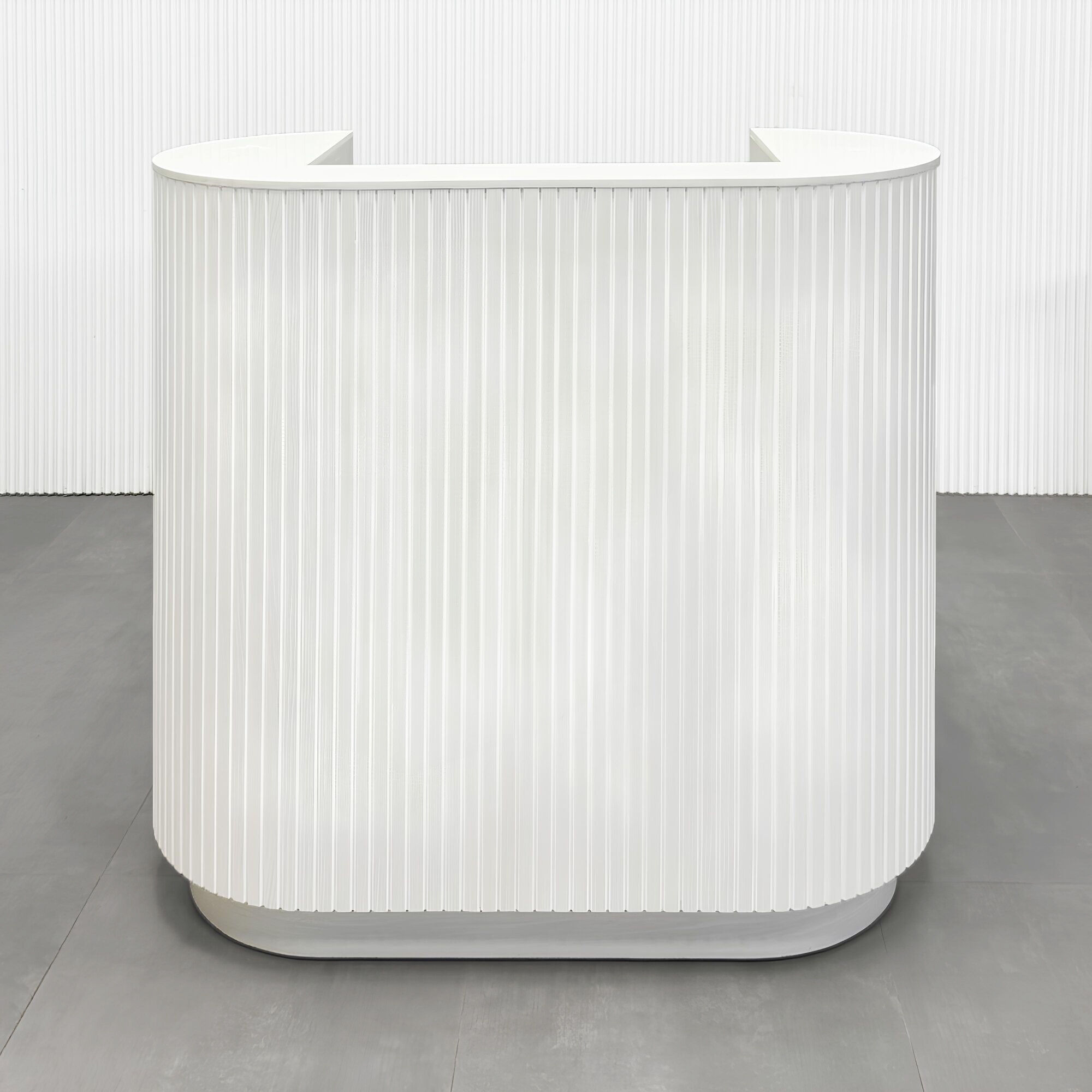 48-inch The Pill Reception Desk with white ash laminate desk, white ash tambour front accent, white ash laminate toe-kick.