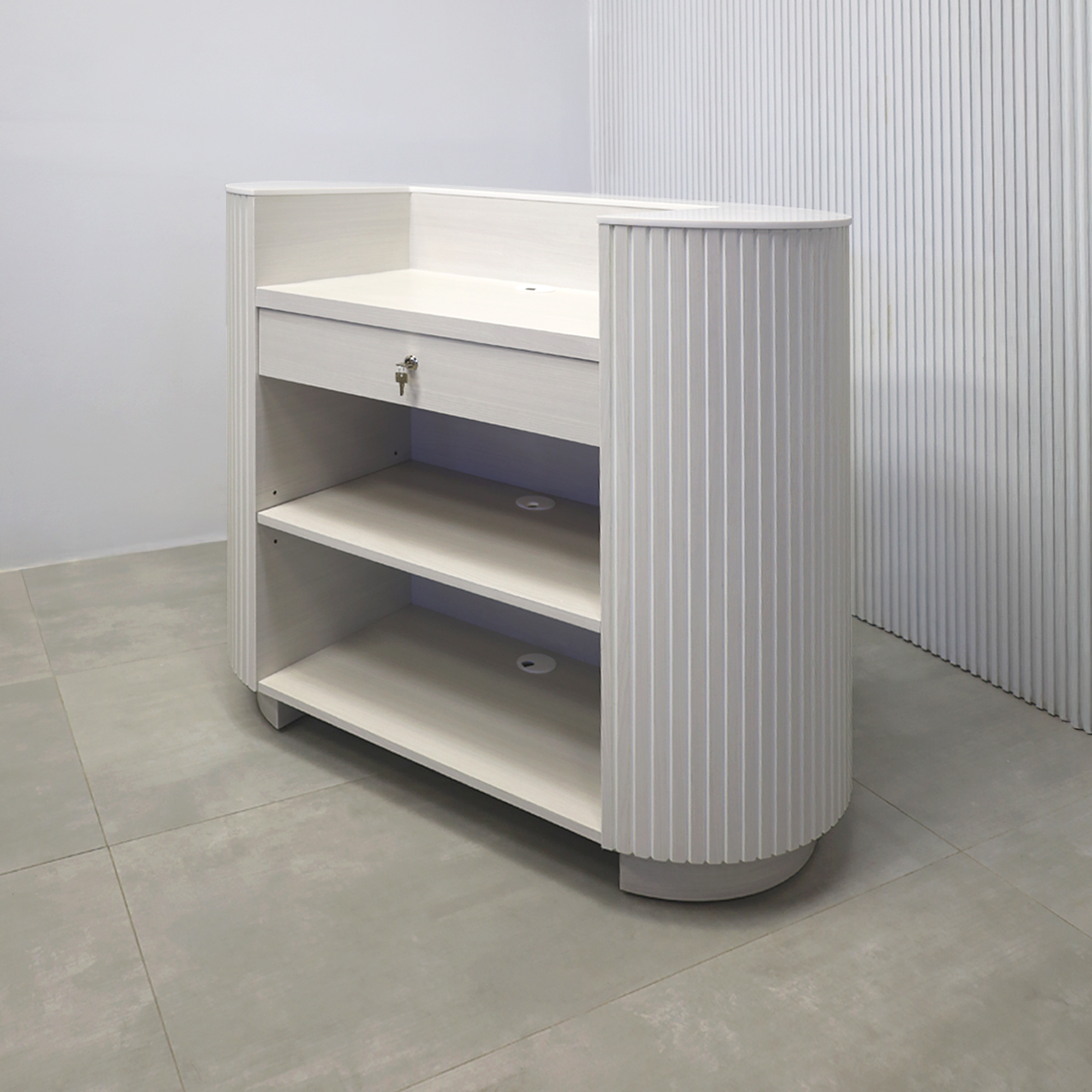 48-inch The Pill X2 Podium & Host Custom Desk White Ash Tambour front, White Solid engineered surface top, White Ash matte laminate workspace and toe-kick.