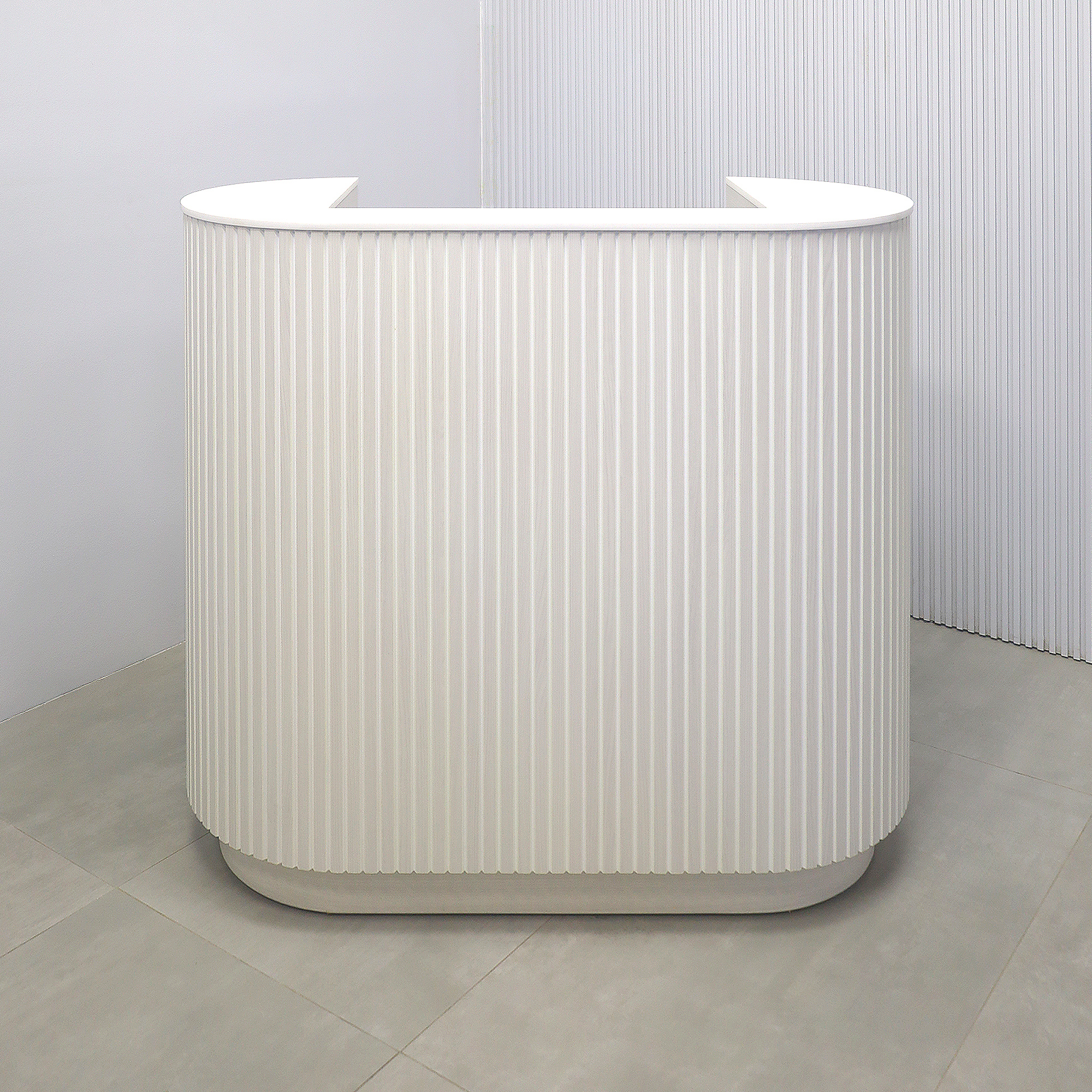 48-inch The Pill X2 Podium & Host Custom Desk White Ash Tambour front, White Solid engineered surface top, White Ash matte laminate workspace and toe-kick.