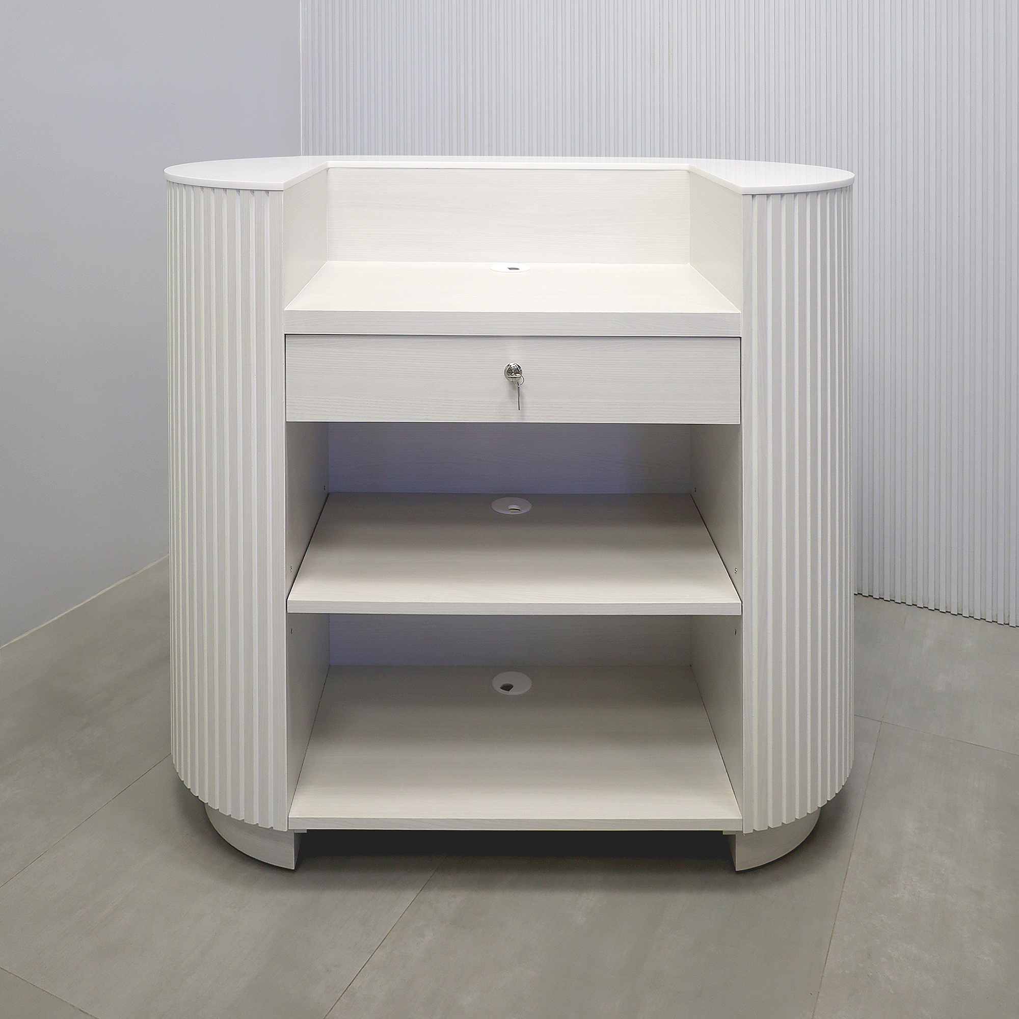 48-inch The Pill X2 Podium & Host Custom Desk White Ash Tambour front, White Solid engineered surface top, White Ash matte laminate workspace and toe-kick.