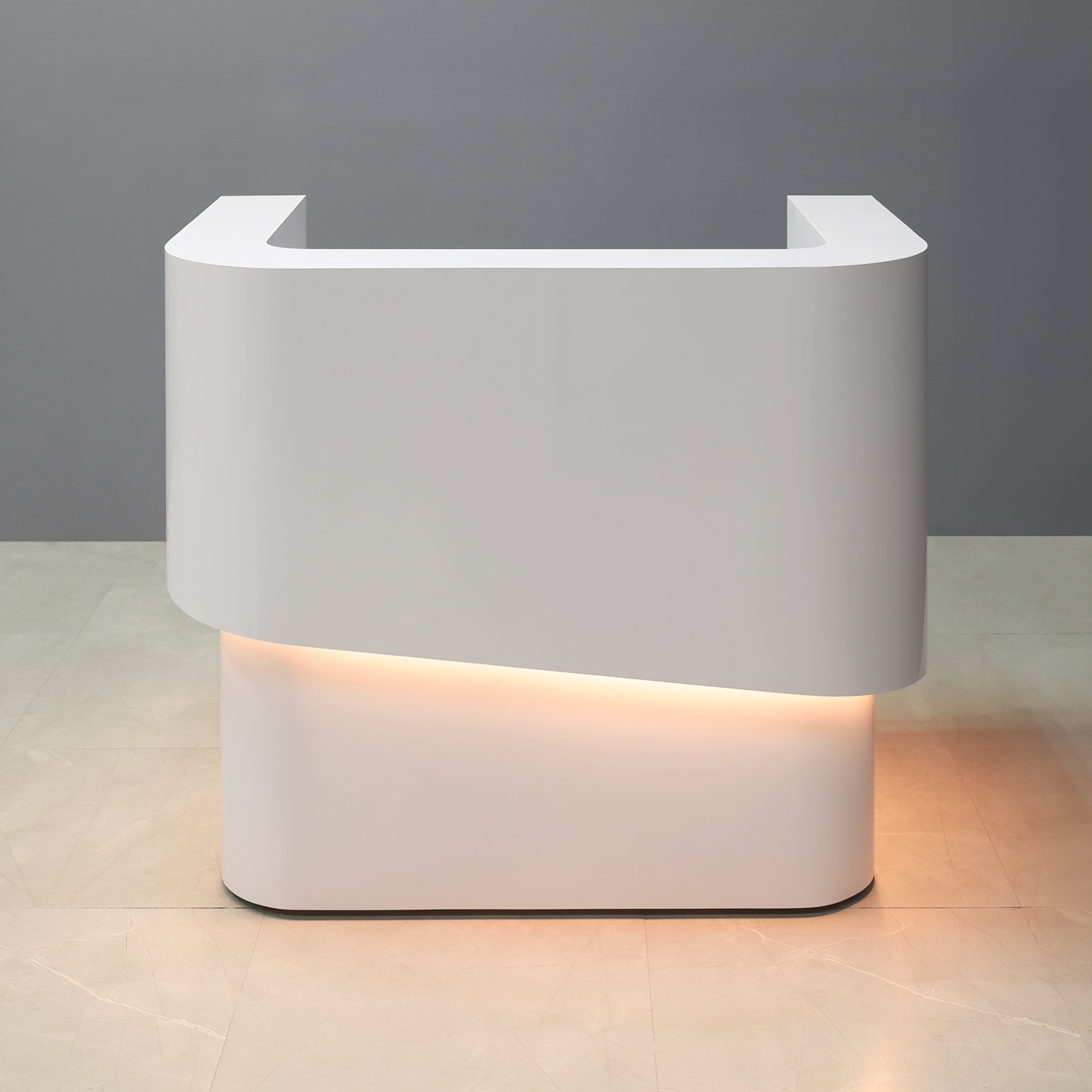 48-inch Nola Curved Custom Reception Desk in white gloss laminate counter & bottom, with warm white LED, shown here.