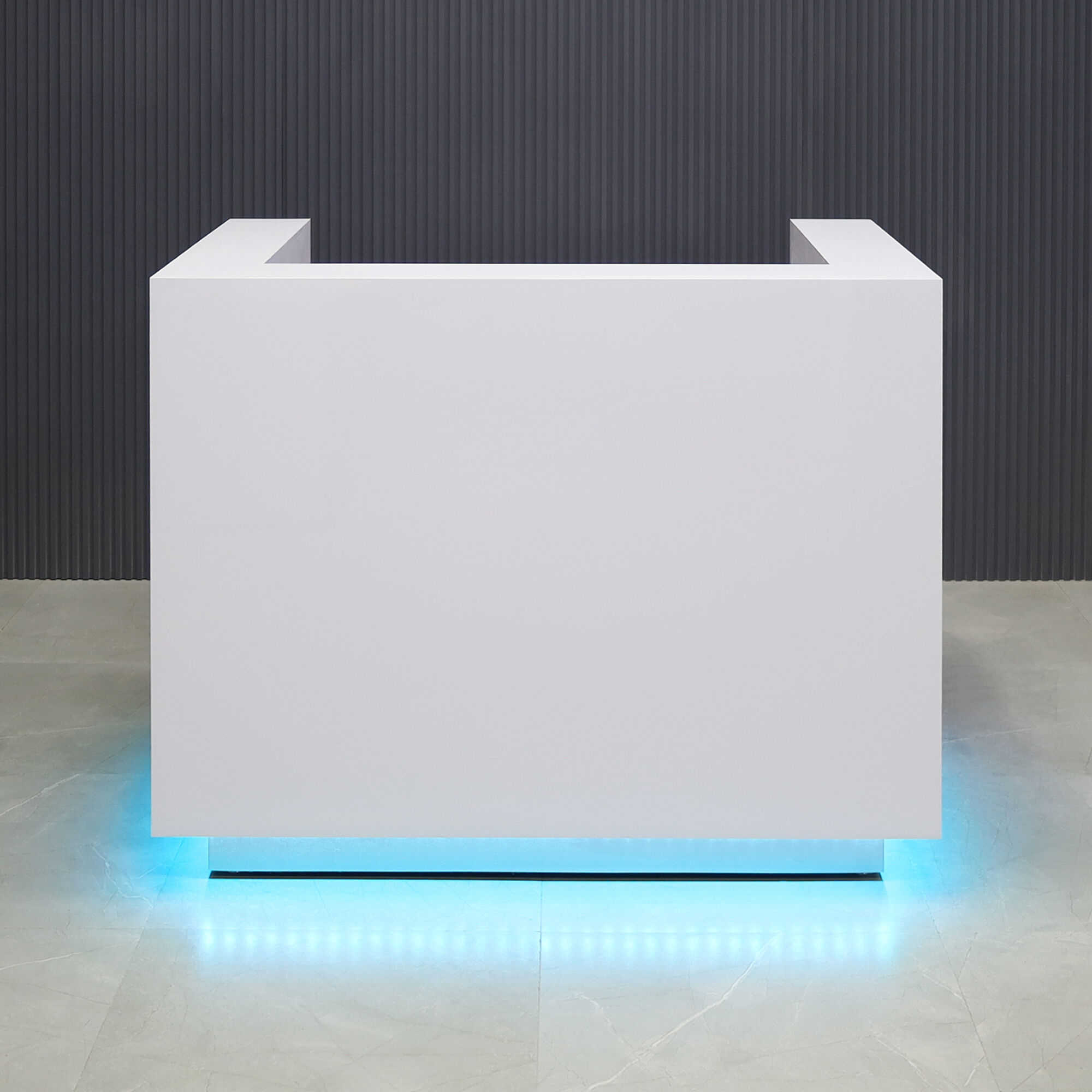 48-inch Dallas U-Shape Reception Desk in white gloss laminate desk and brushed aluminum toe-kick, with color changing LED.